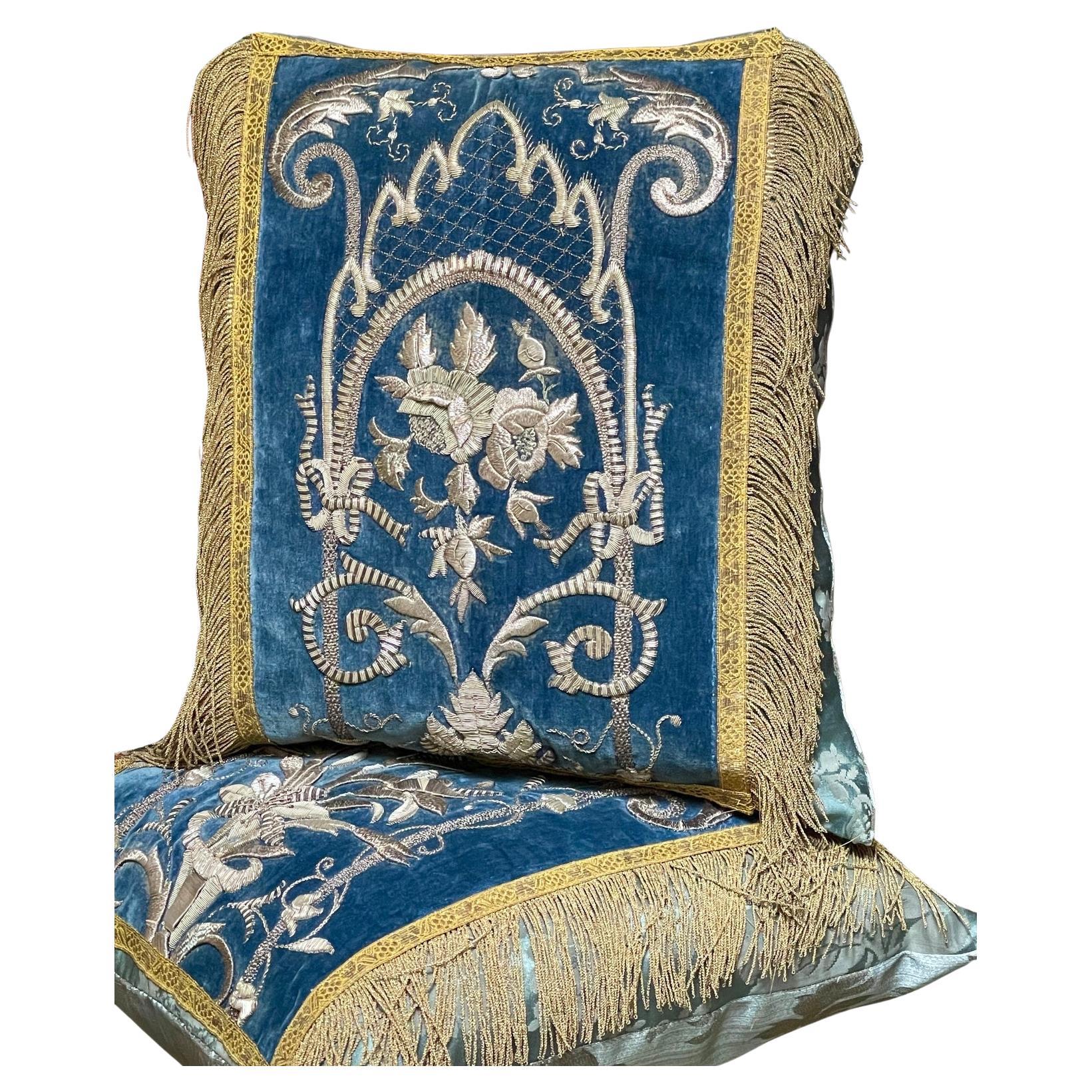 Antique Silver Metallic Embroidered Silk Velvet Cushions