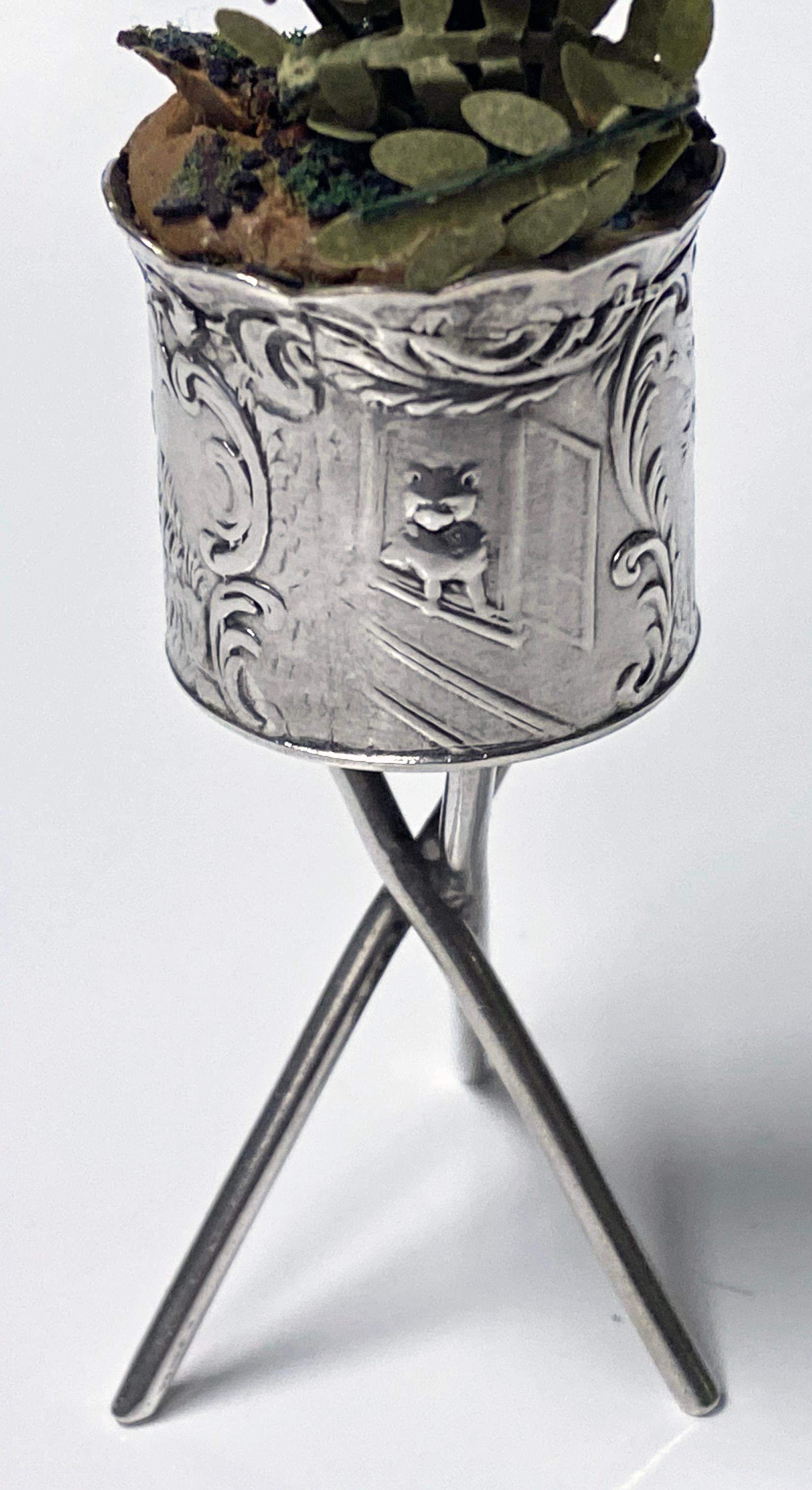19th Century Antique Silver Miniature Planter and Stand, Germany, circa 1900