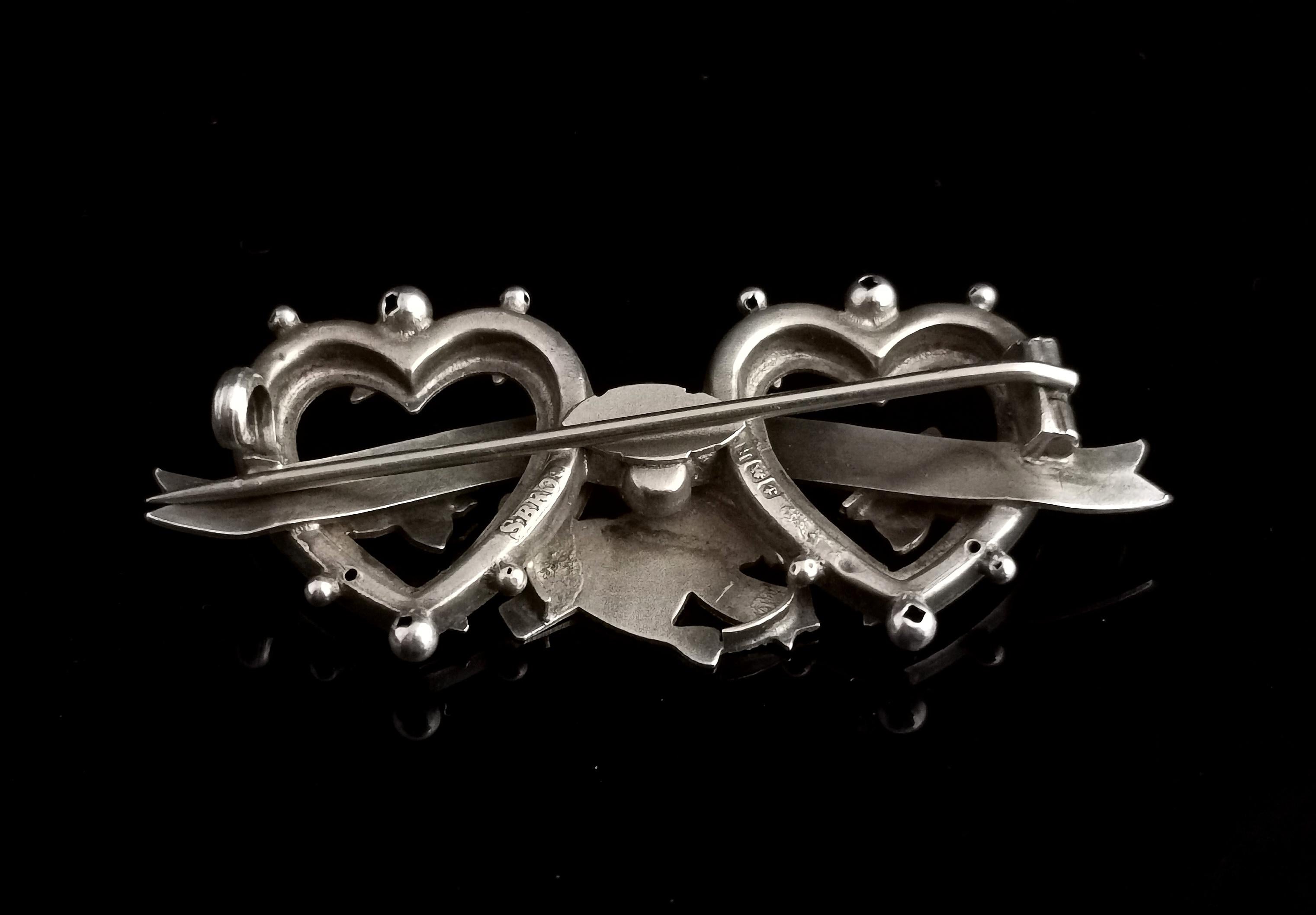 Antique Silver Mizpah Brooch, Double Heart, Faith, Hope and Charity, Edwardian 3