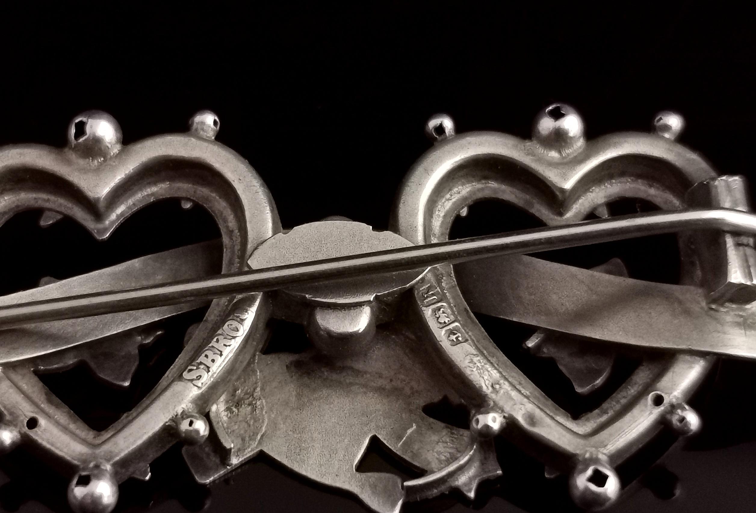 Antique Silver Mizpah Brooch, Double Heart, Faith, Hope and Charity, Edwardian 2