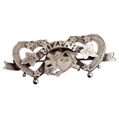 Antique Silver Mizpah Brooch, Double Heart, Faith, Hope and Charity, Edwardian