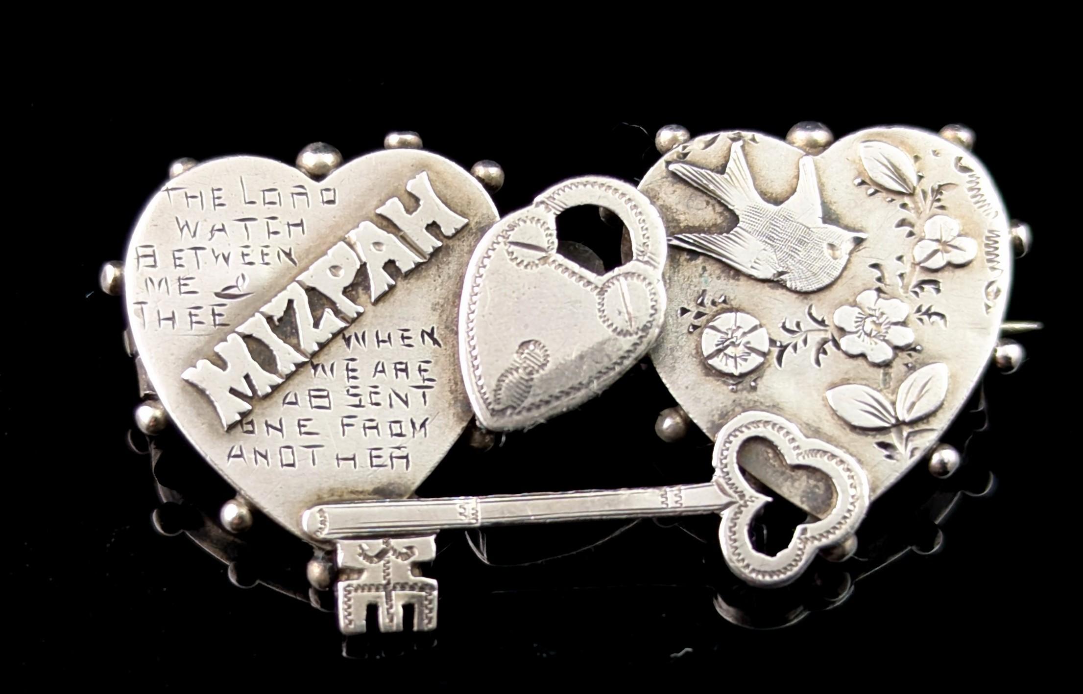 Aesthetic Movement Antique silver Mizpah brooch, Key to my Heart For Sale