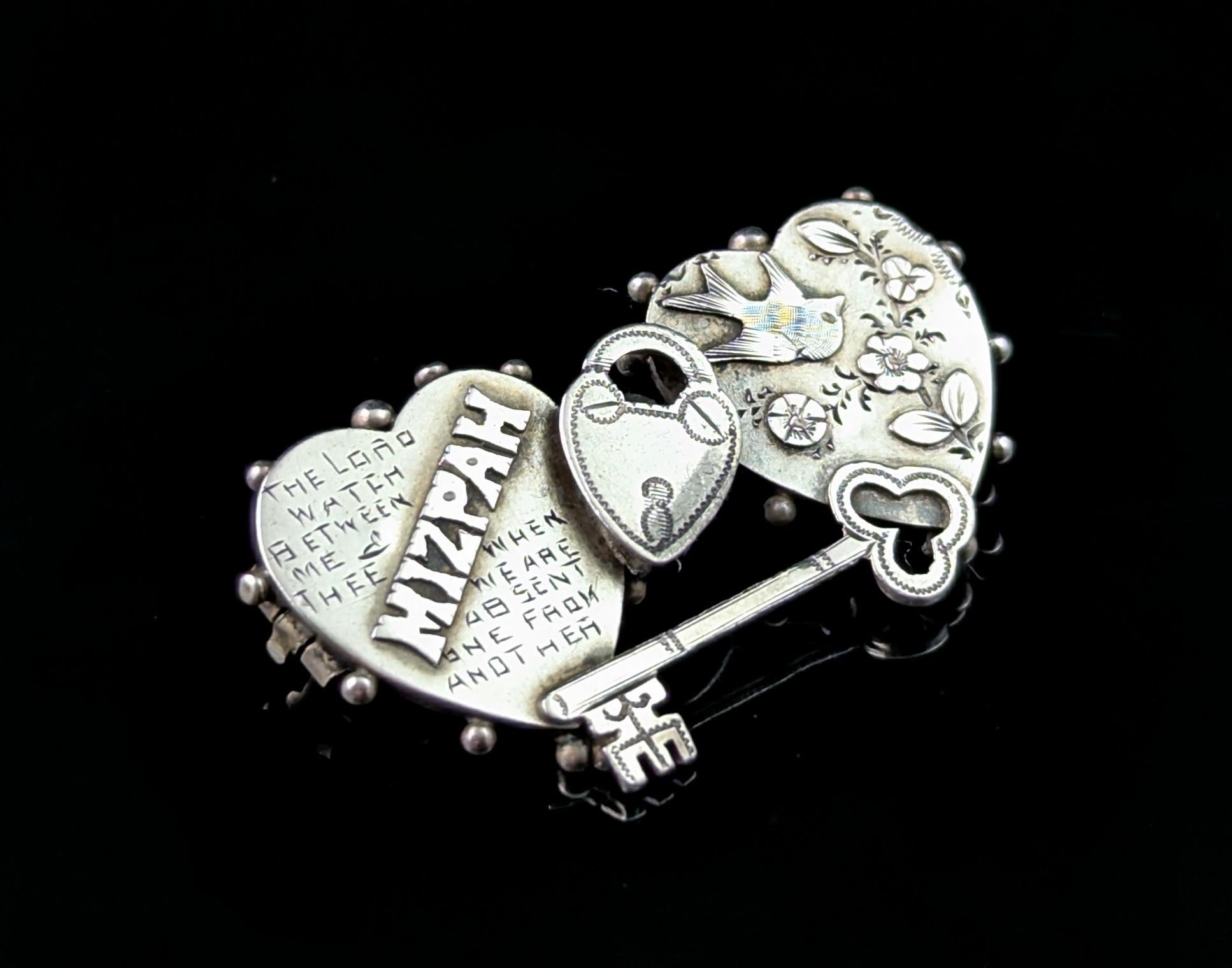 Women's Antique silver Mizpah brooch, Key to my Heart For Sale