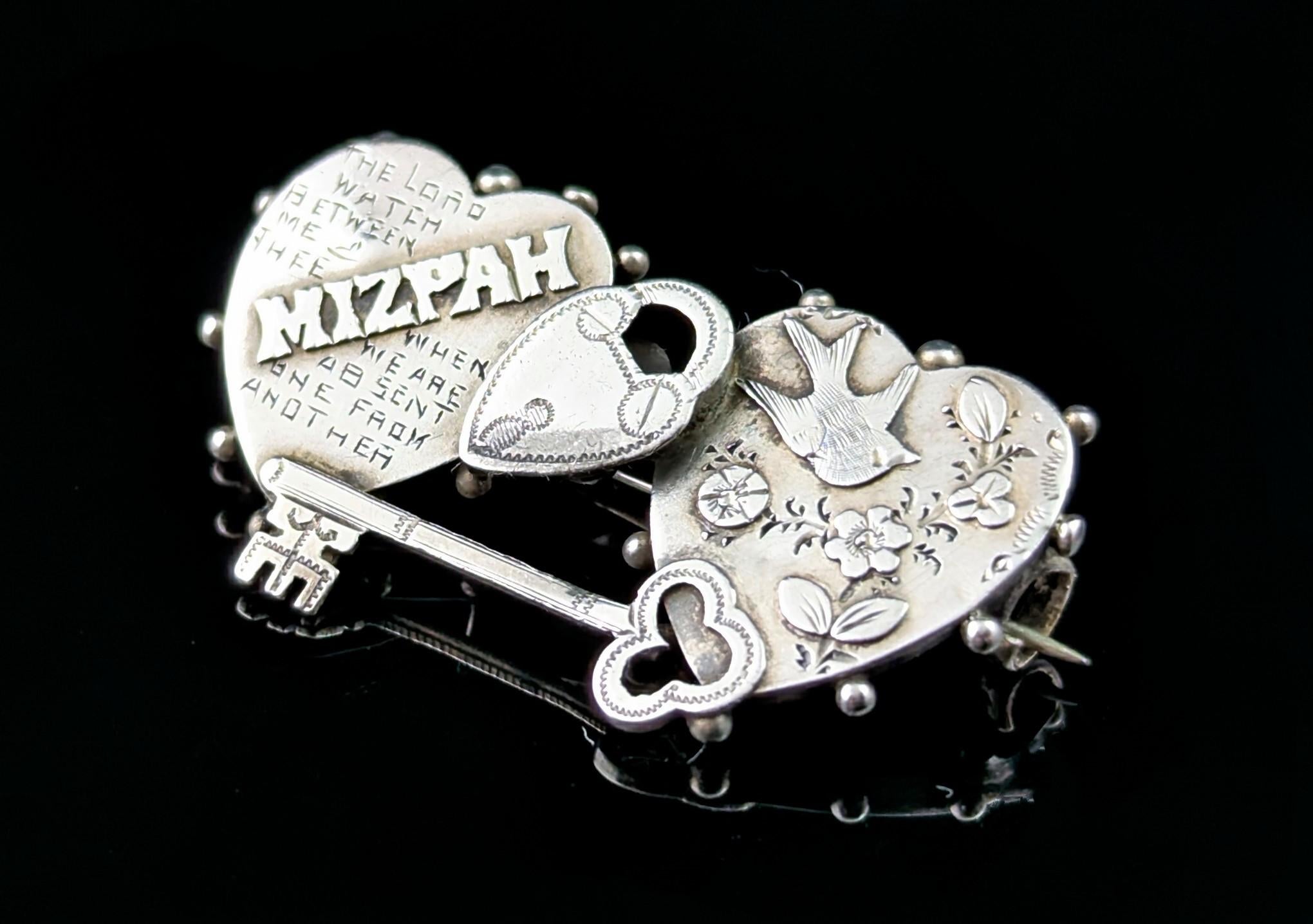 Antique silver Mizpah brooch, Key to my Heart For Sale 1
