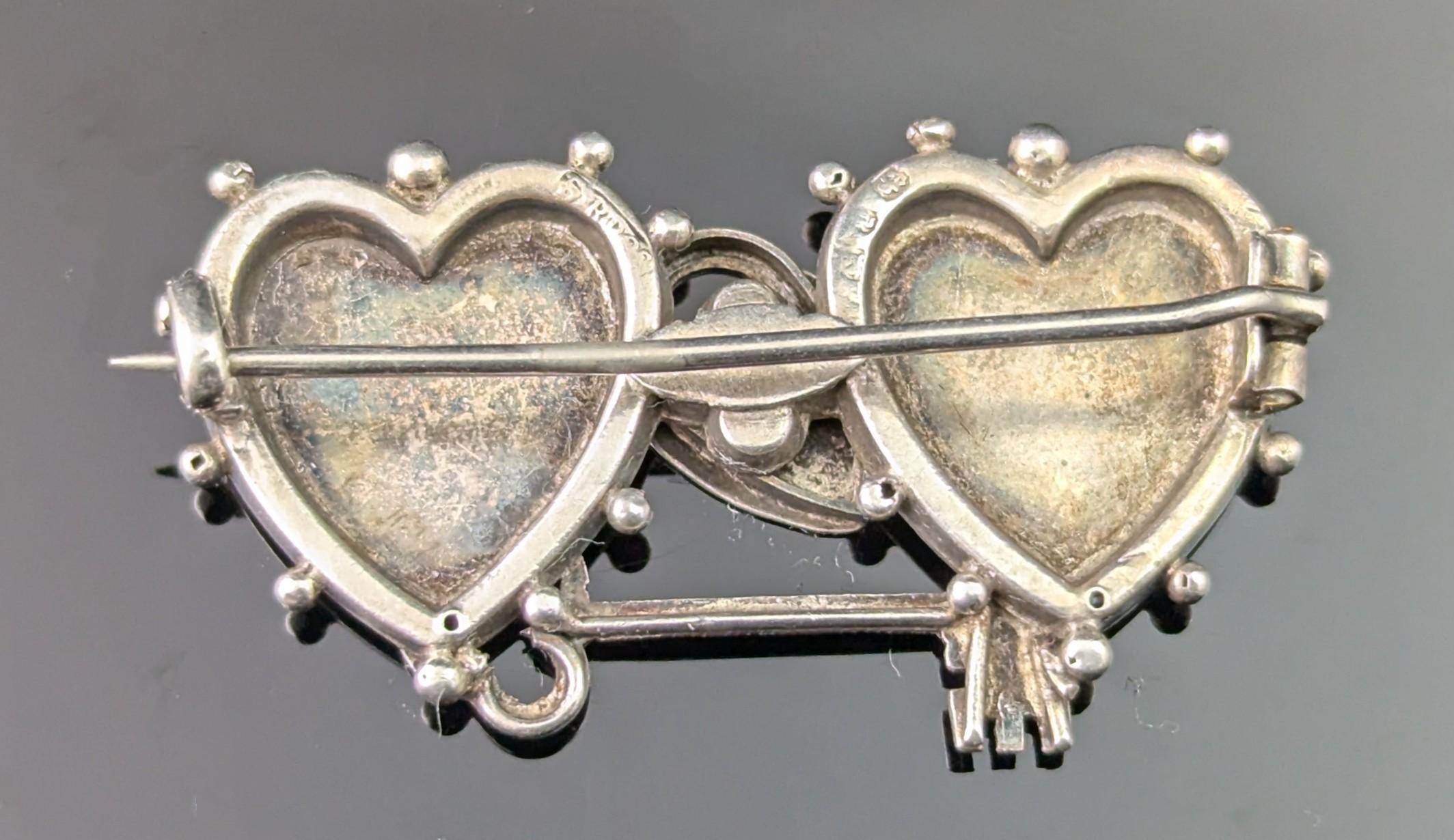Antique silver Mizpah brooch, Key to my Heart For Sale 4