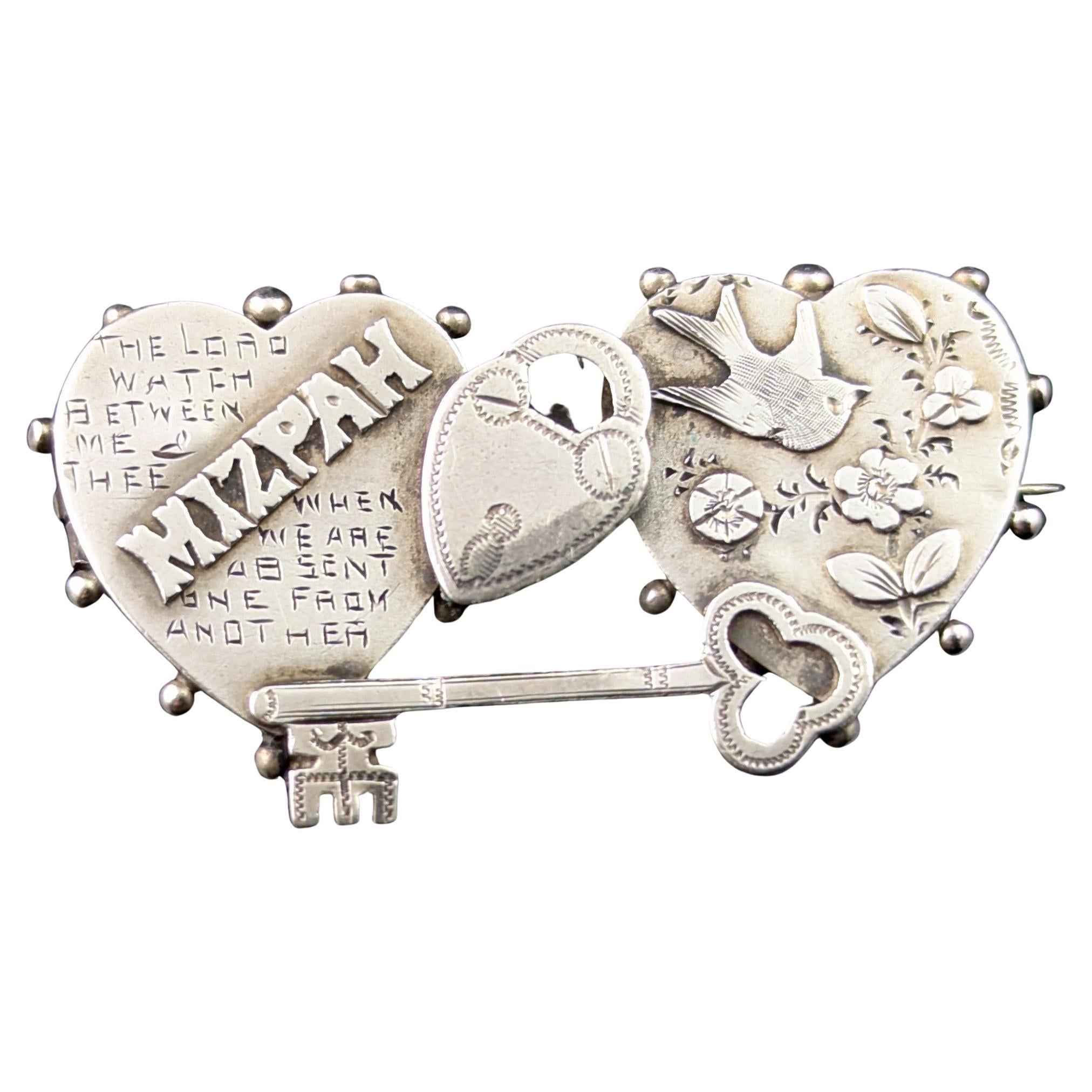 Antique silver Mizpah brooch, Key to my Heart For Sale