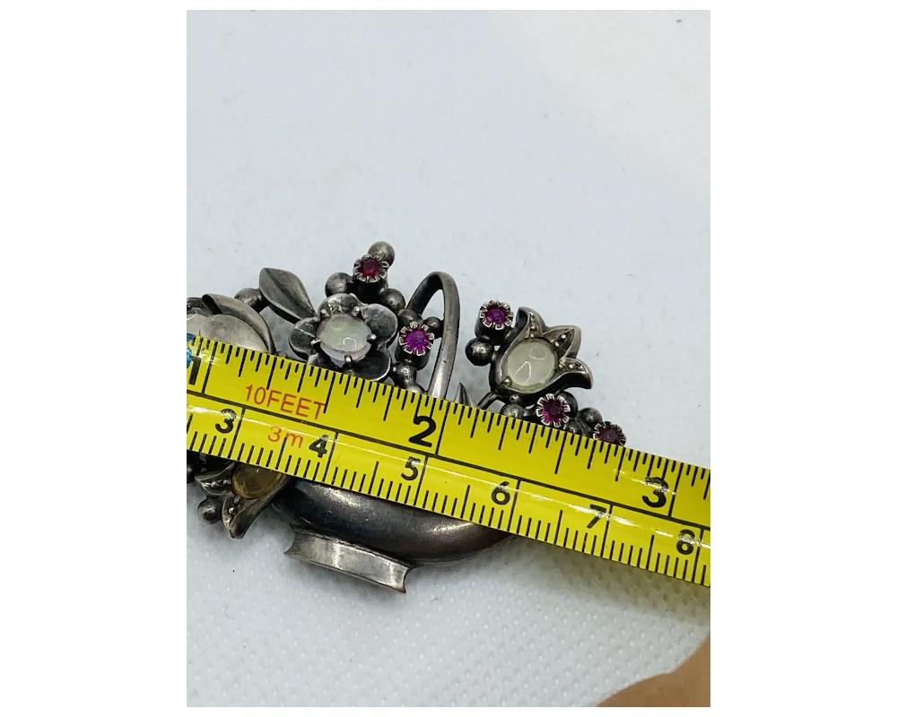 Antique Silver Moonstone and Ruby Flower Basket Brooch For Sale 1