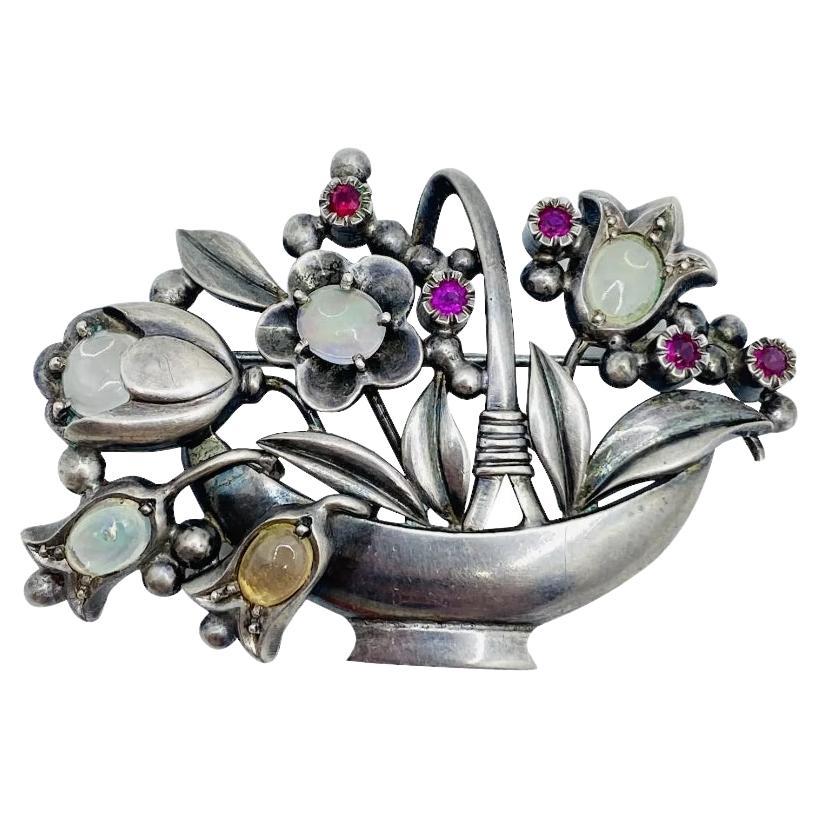 Antique Silver Moonstone and Ruby Flower Basket Brooch For Sale