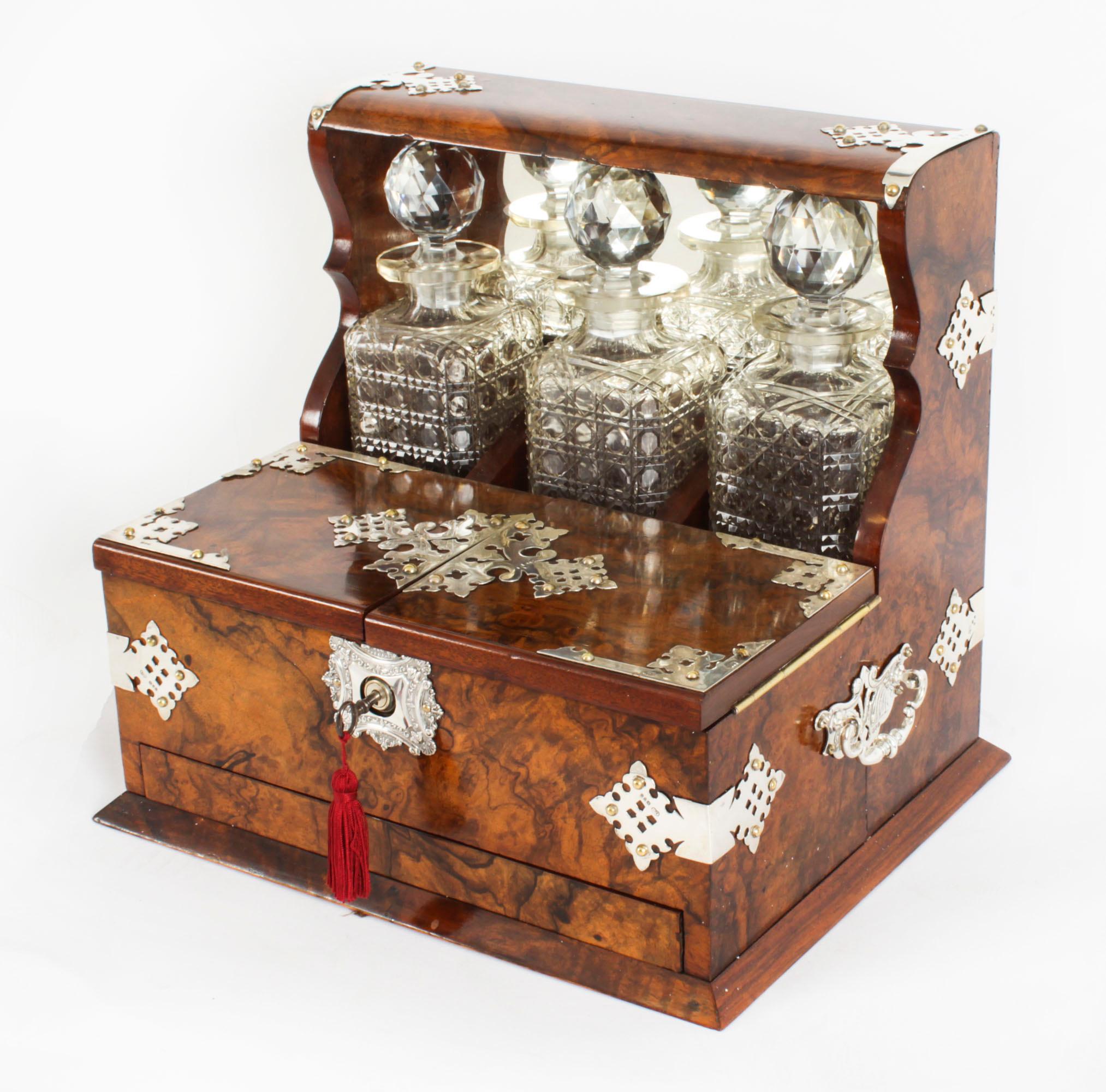 Antique Silver Mounted Burr Walnut 3 Crystal Decanter Tantalus Dry Bar 19th C 10