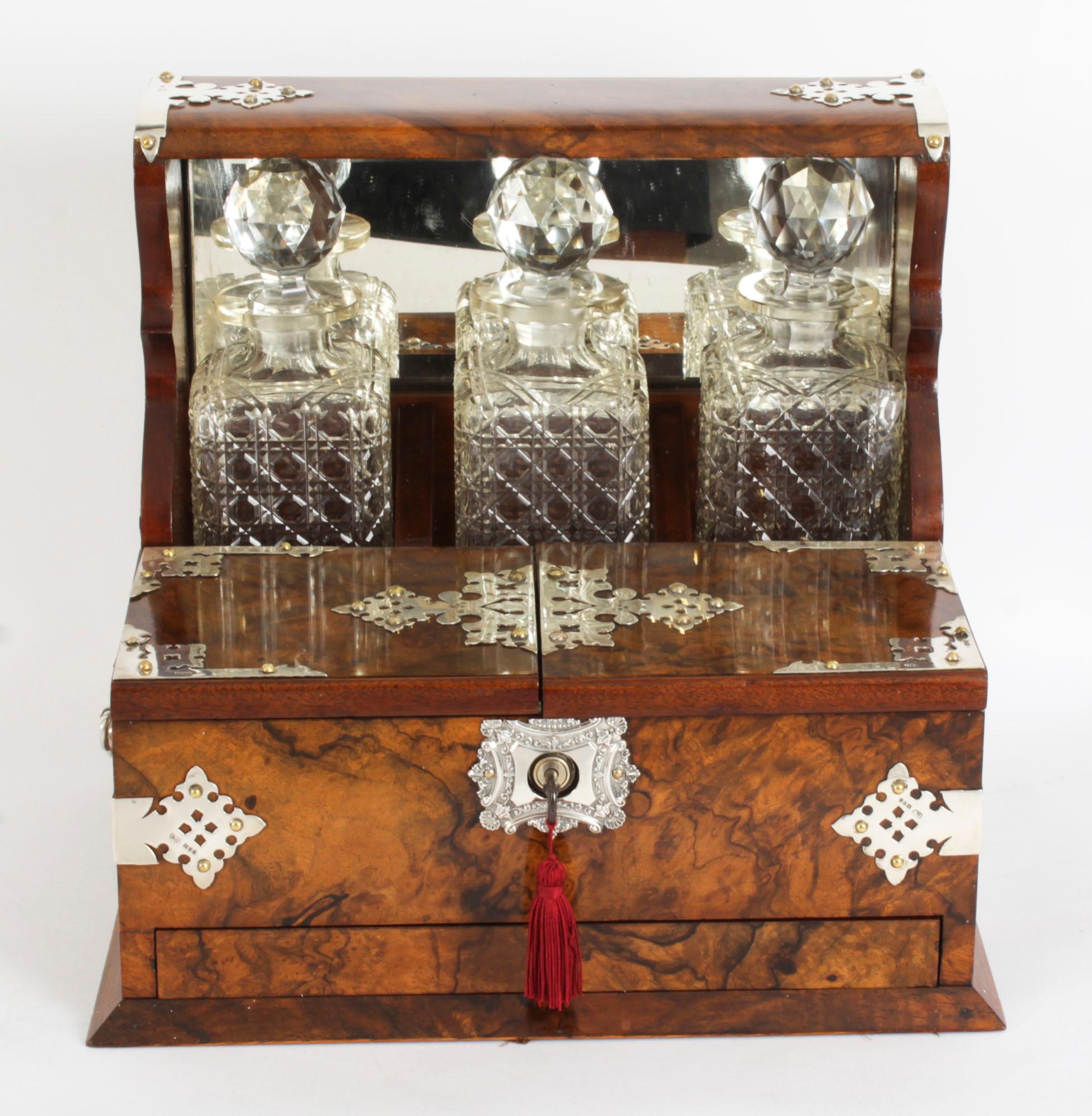 Antique Silver Mounted Burr Walnut 3 Crystal Decanter Tantalus Dry Bar 19th C 11