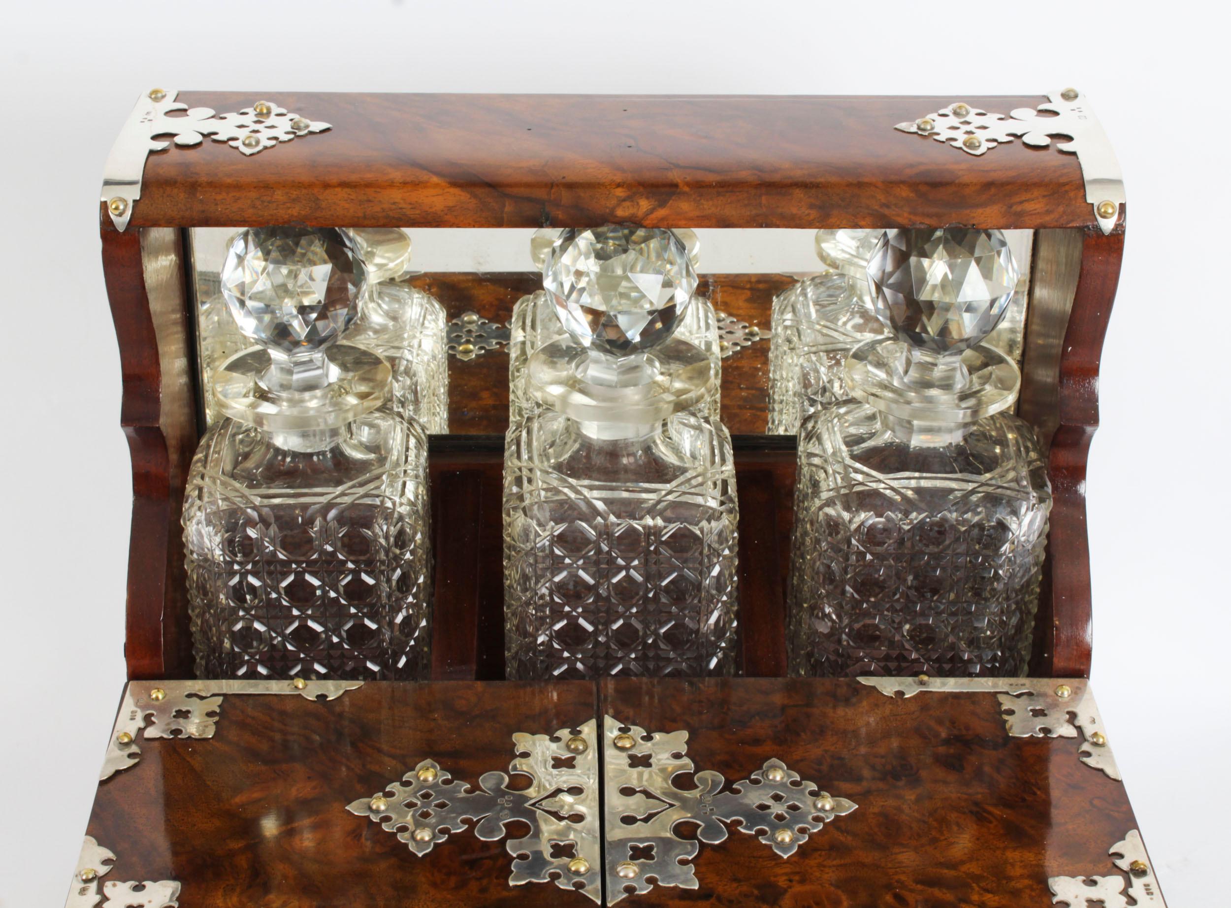 Antique Silver Mounted Burr Walnut 3 Crystal Decanter Tantalus Dry Bar 19th C 12