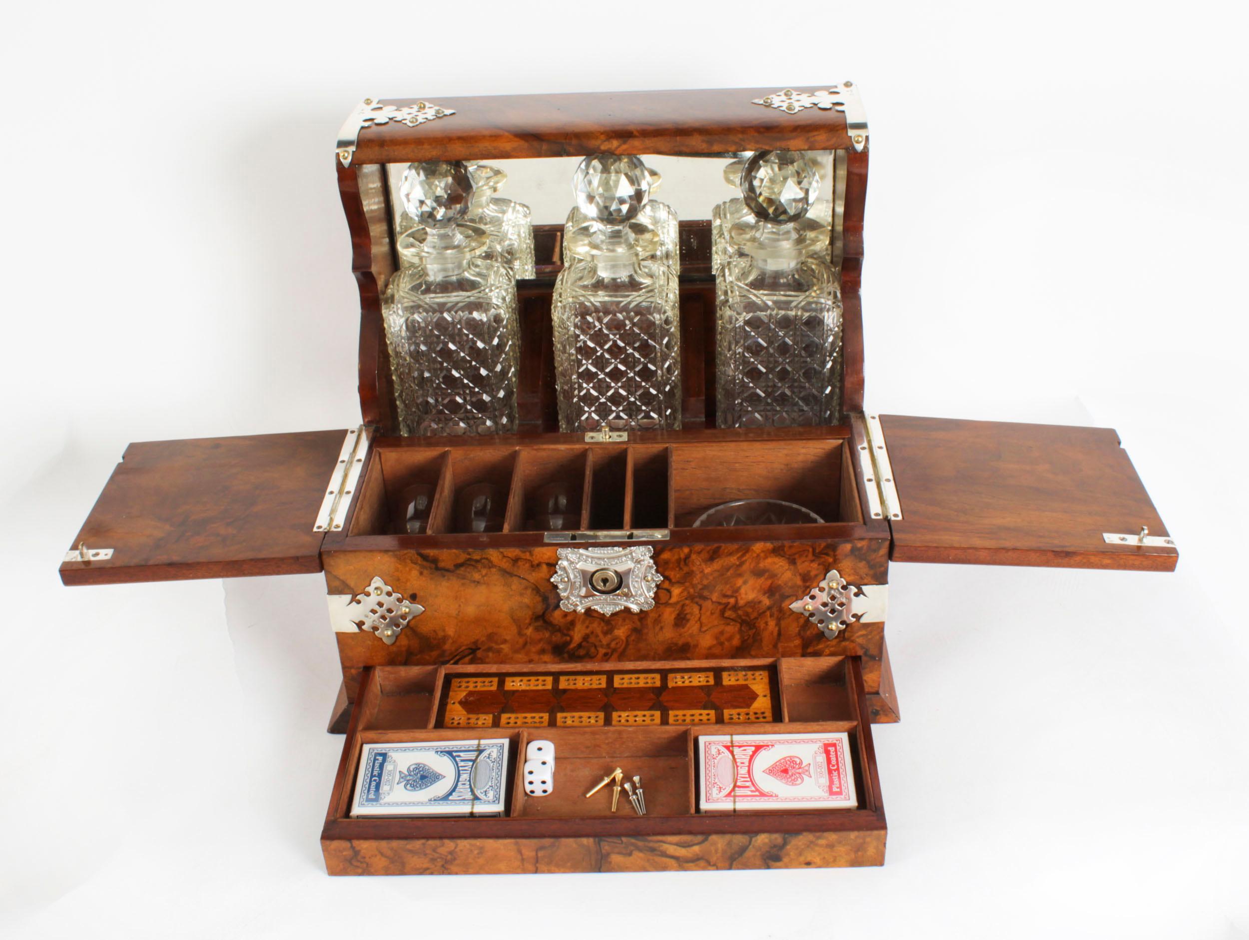 Antique Silver Mounted Burr Walnut 3 Crystal Decanter Tantalus Dry Bar 19th C In Good Condition In London, GB