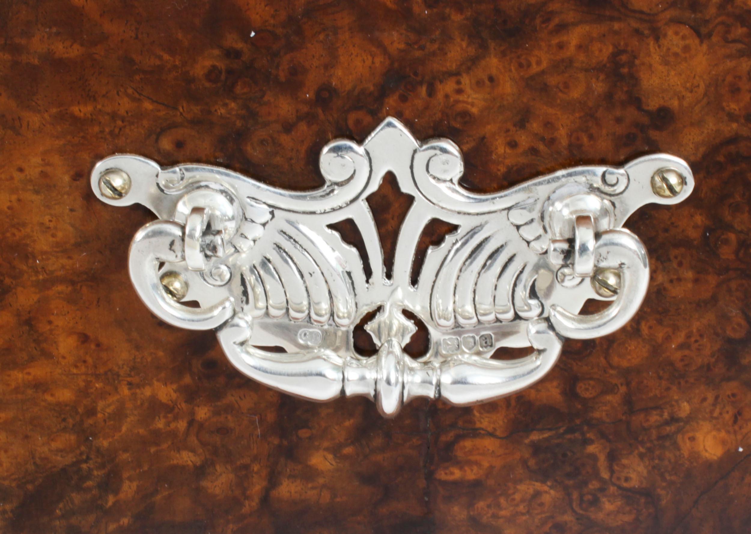 Sterling Silver Antique Silver Mounted Burr Walnut 3 Crystal Decanter Tantalus Dry Bar 19th C
