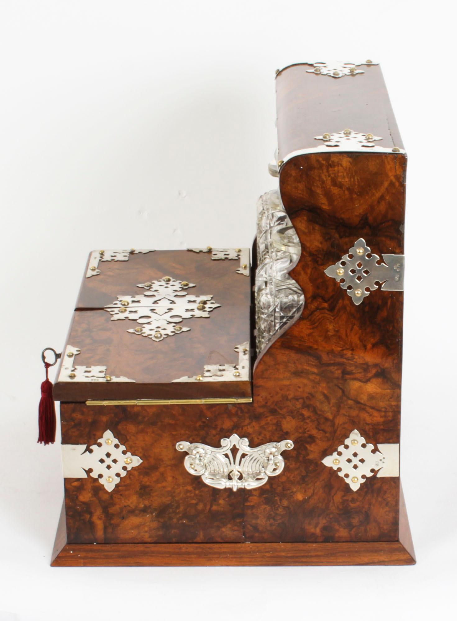 Antique Silver Mounted Burr Walnut 3 Crystal Decanter Tantalus Dry Bar 19th C 1