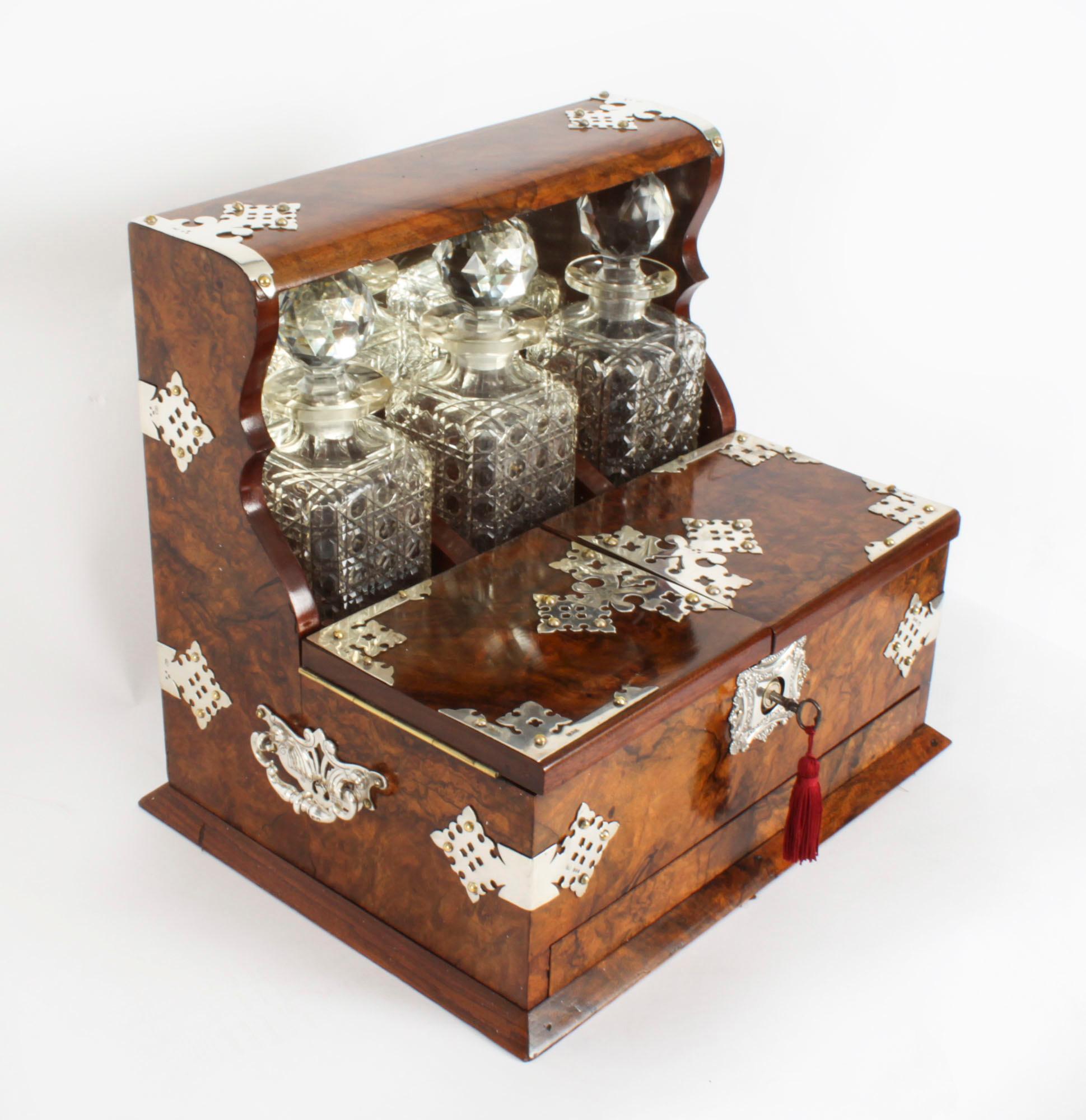 Antique Silver Mounted Burr Walnut 3 Crystal Decanter Tantalus Dry Bar 19th C 3