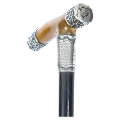 Antique Silver Mounted Horn Handled Walking Stick Cane, 1907