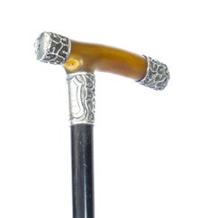 Antique Silver Mounted Horn Handled Walking Stick Cane, 1907