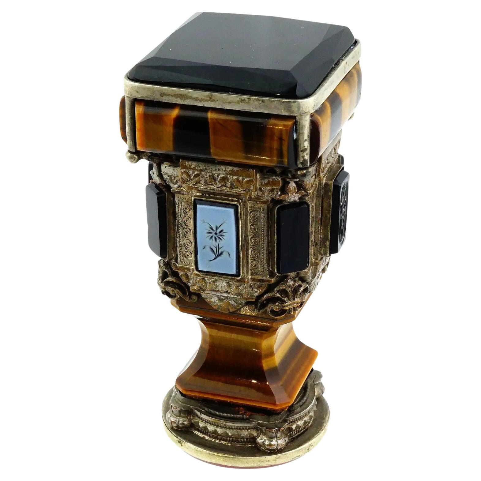 Antique Silver Mounted Tigers Eye Agate Cameo Seal For Sale