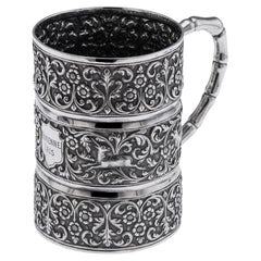 Antique Silver Mug by Oomersi Mawji, Kutch, Floral Repoussé, 1890