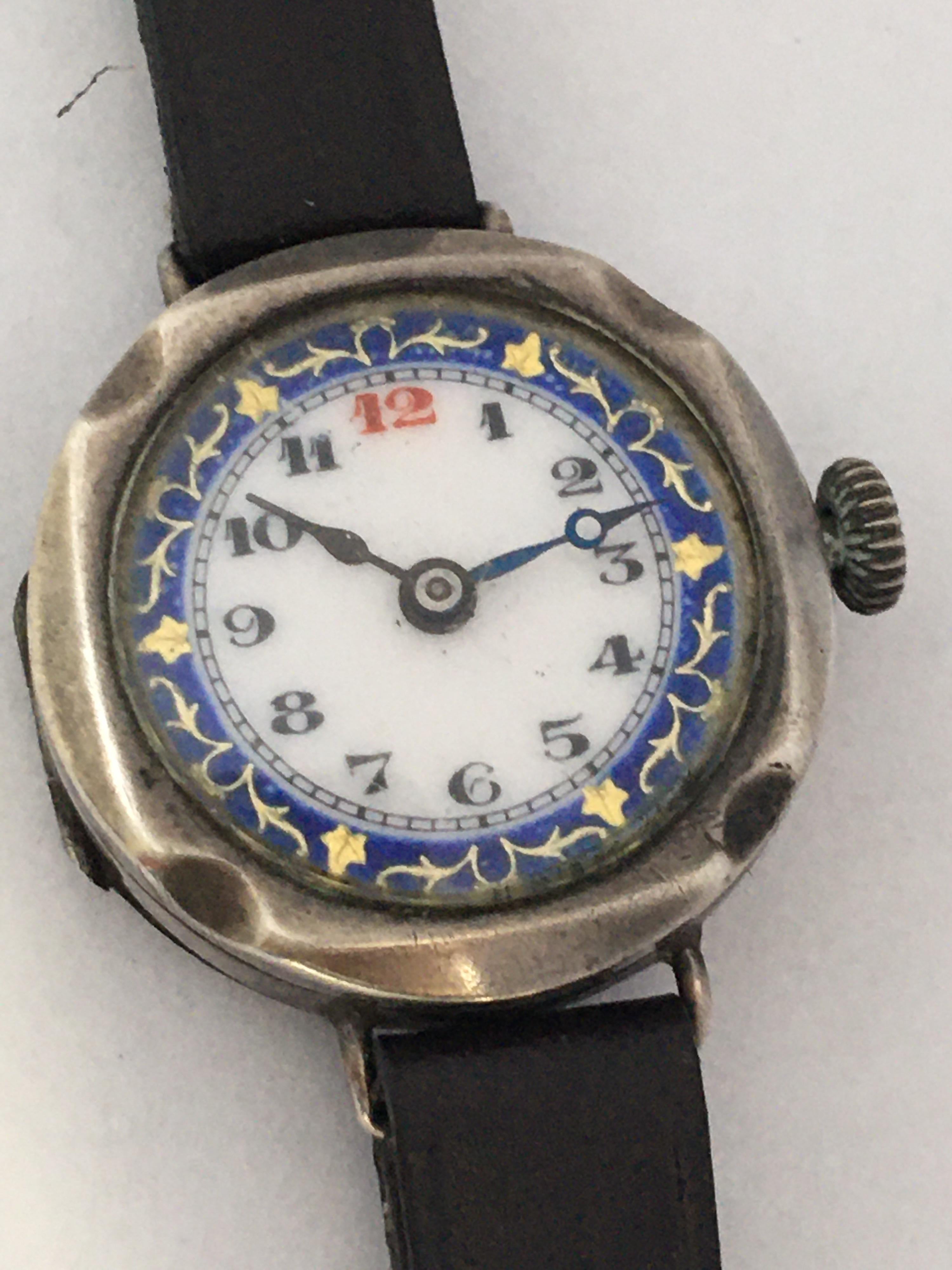 Antique Silver Nicely Inlaid Enamel Dial Ladies Trench Watch For Sale 6