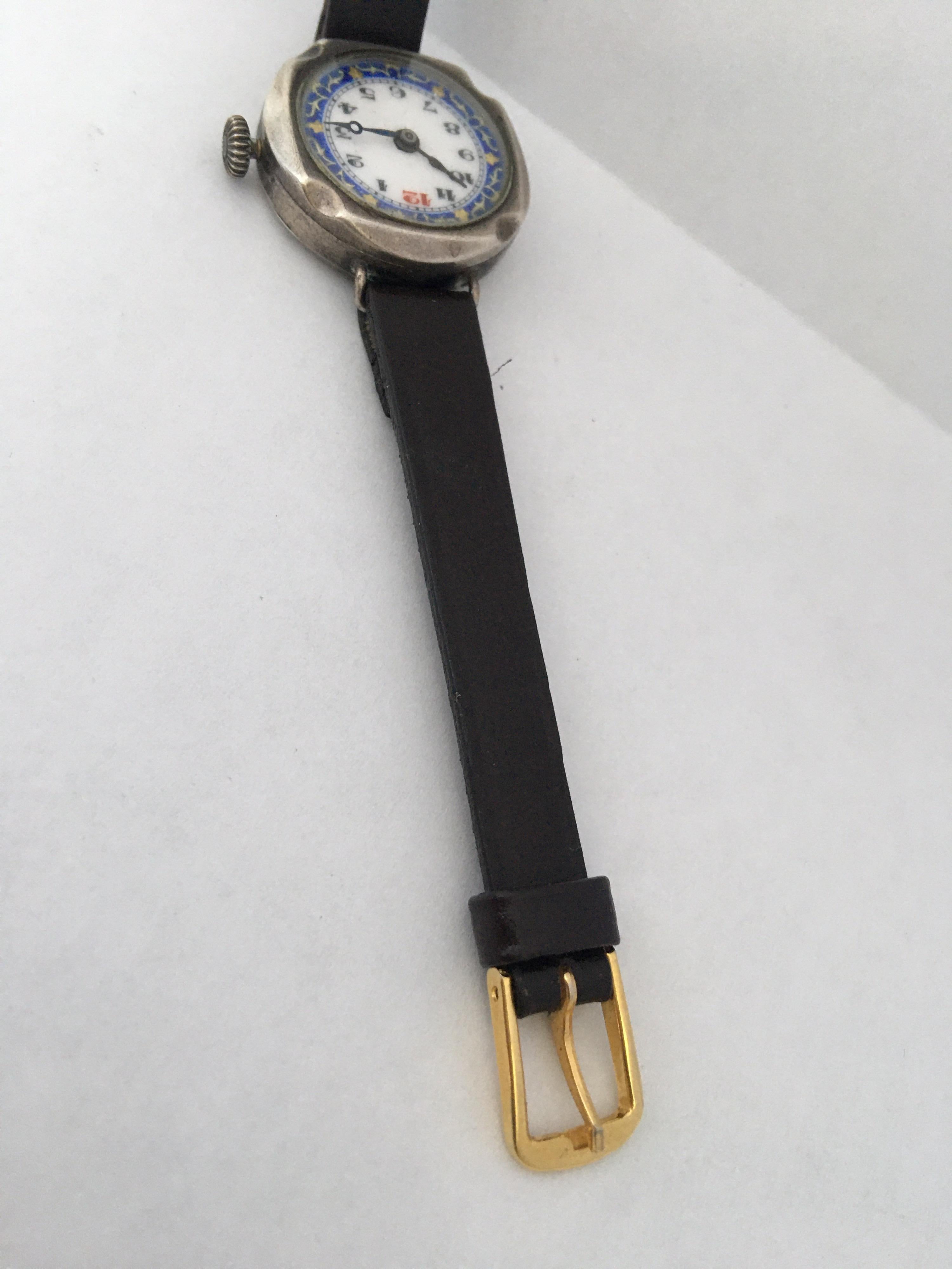 Antique Silver Nicely Inlaid Enamel Dial Ladies Trench Watch For Sale 8