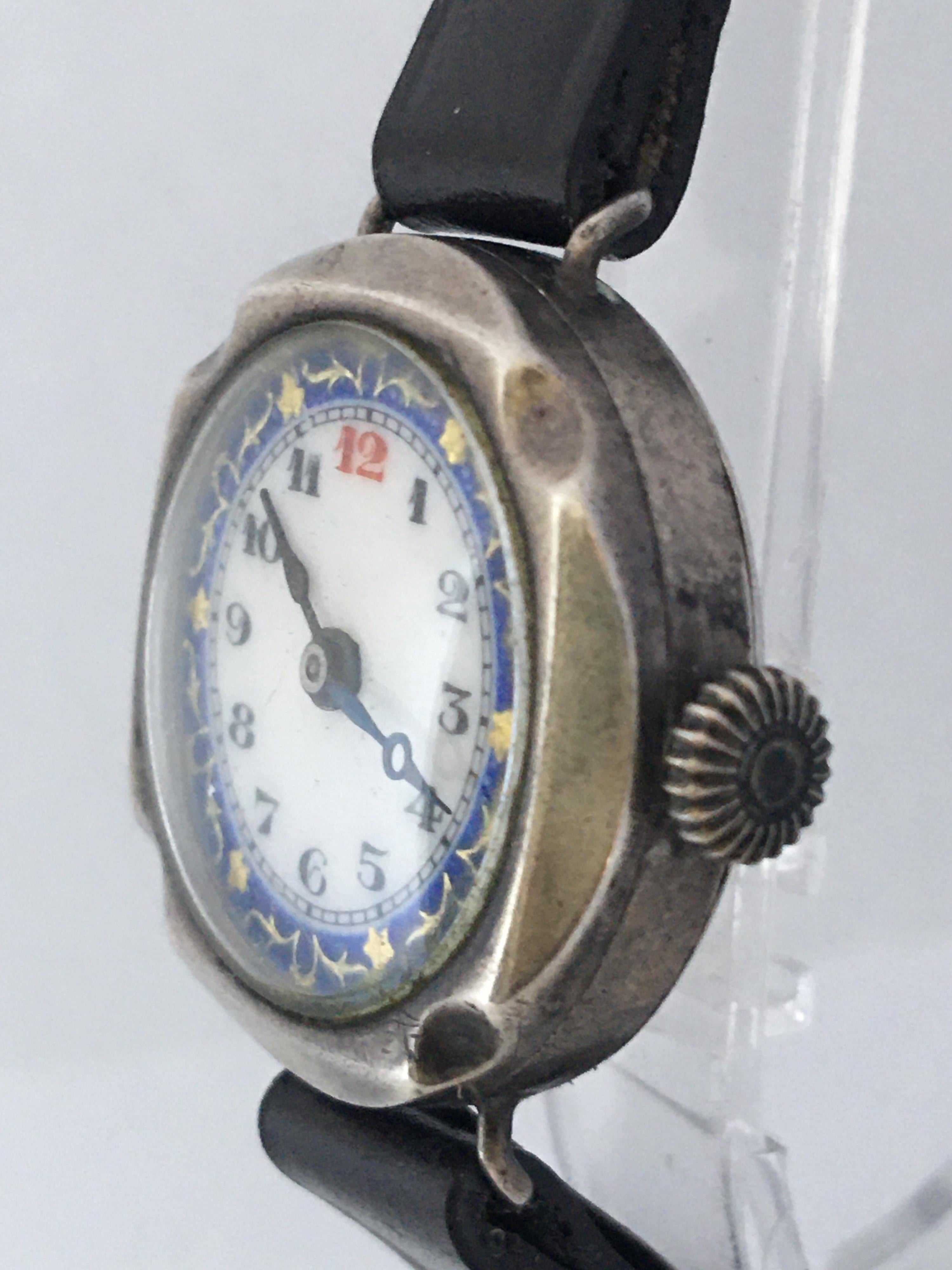 Antique Silver Nicely Inlaid Enamel Dial Ladies Trench Watch For Sale 9