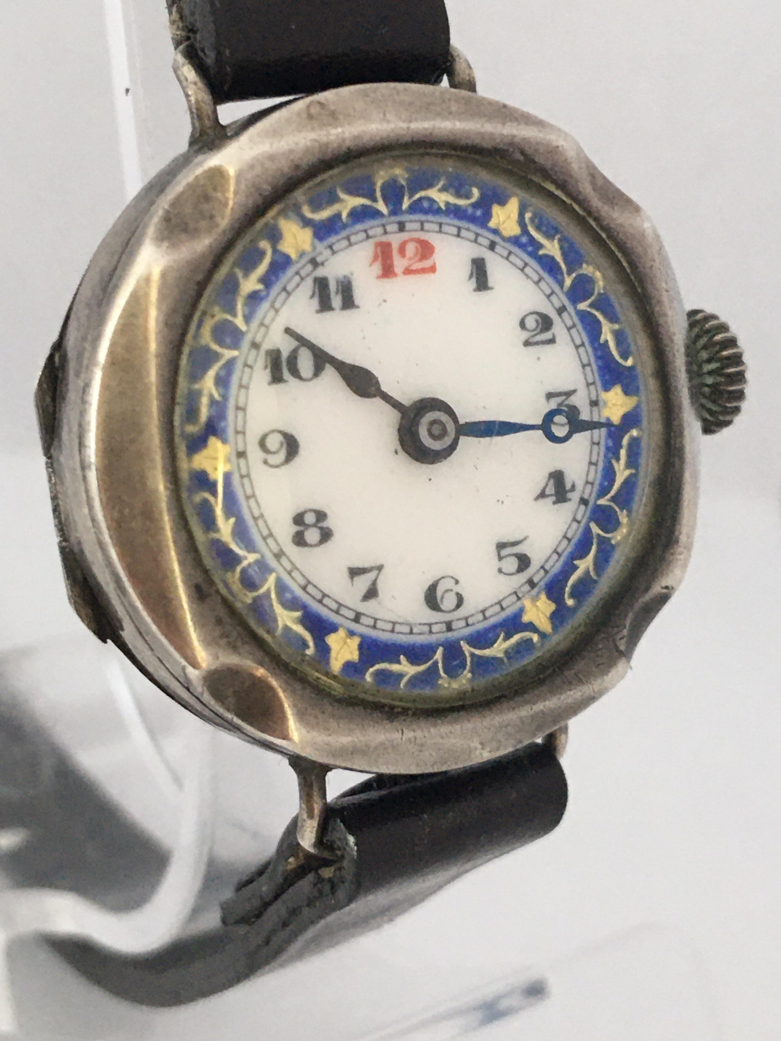 Antique Silver Nicely Inlaid Enamel Dial Ladies Trench Watch For Sale 10