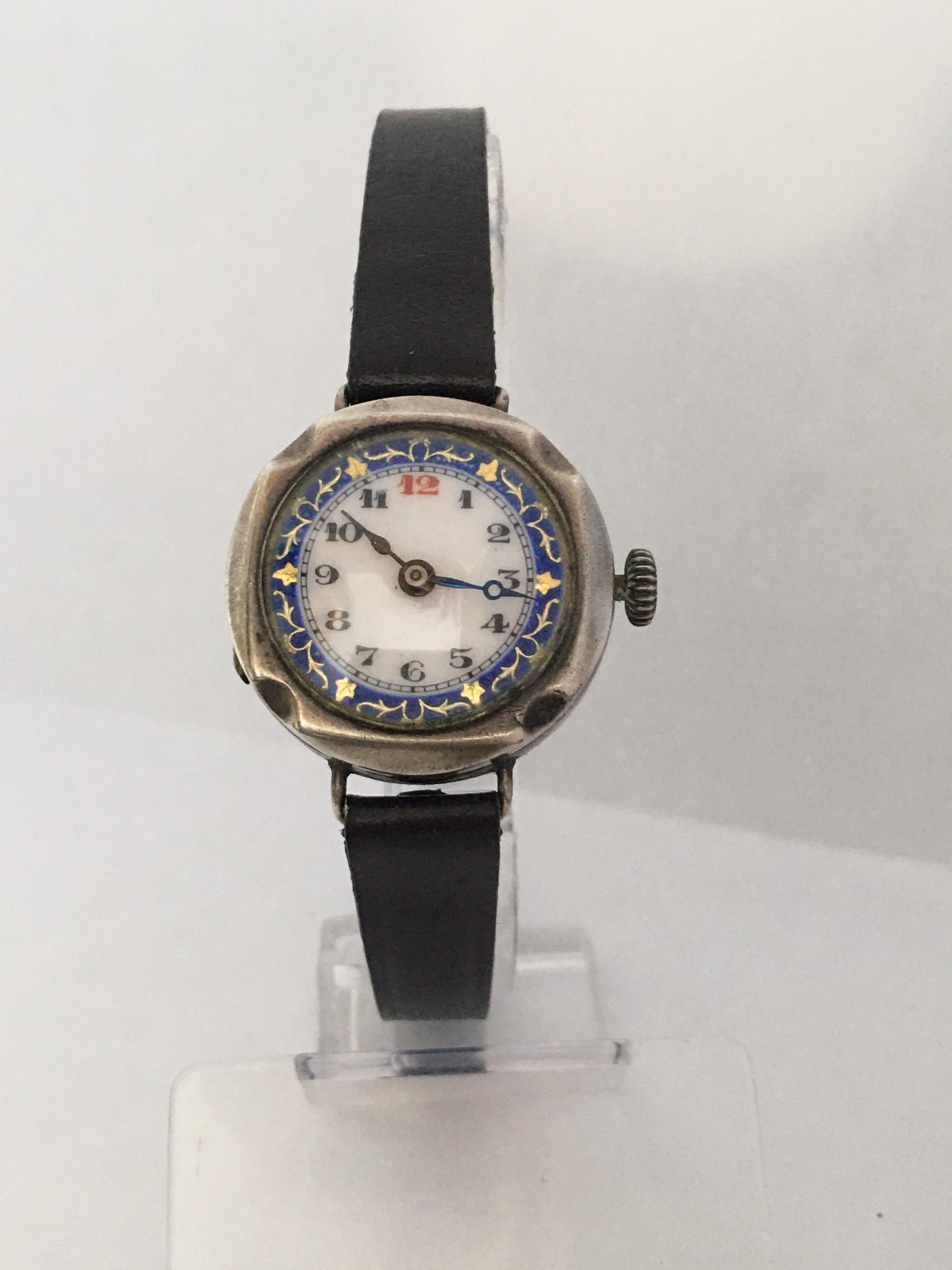 Antique Silver Nicely Inlaid Enamel Dial Ladies Trench Watch For Sale 11