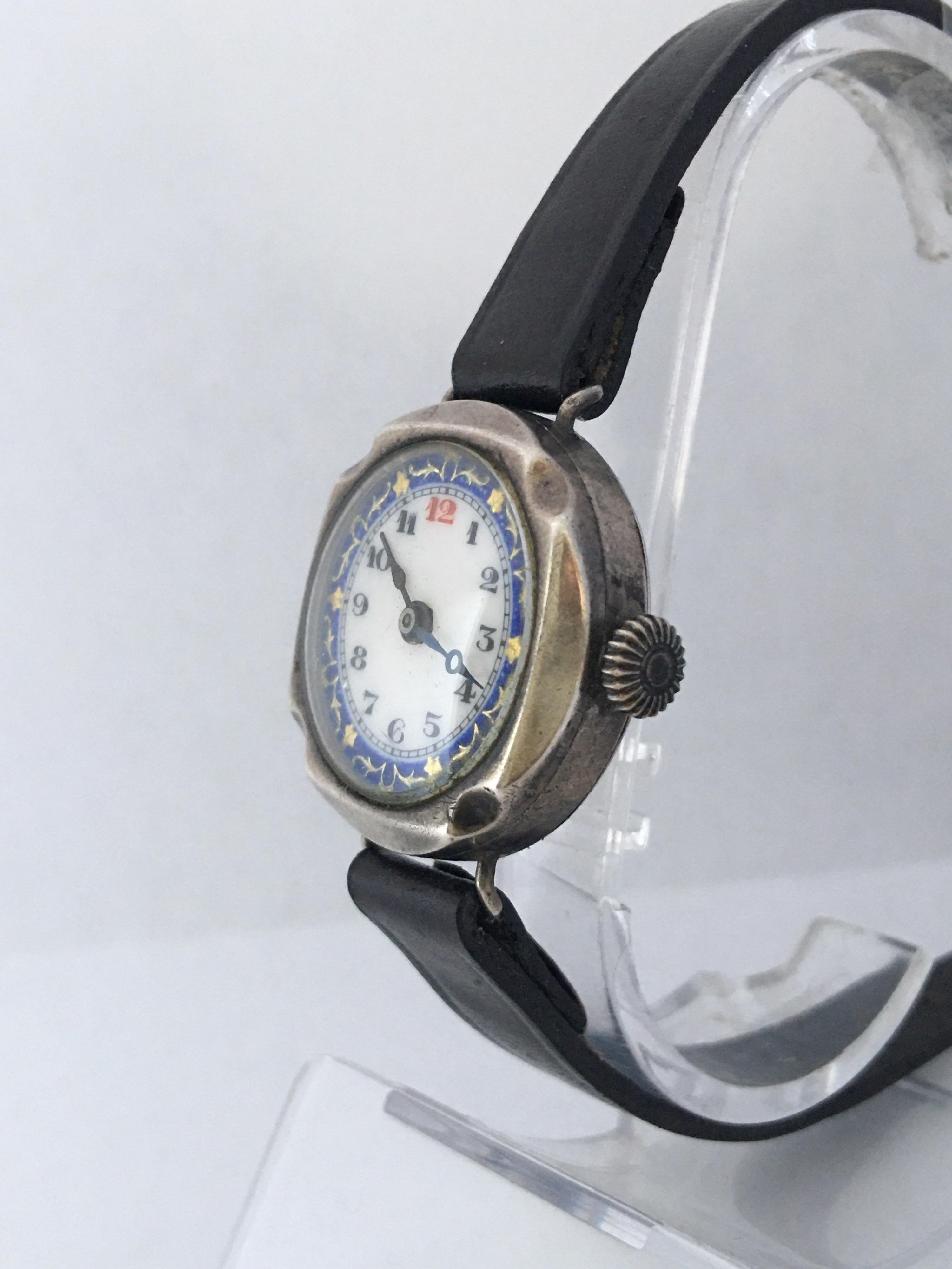 Antique Silver Nicely Inlaid Enamel Dial Ladies Trench Watch In Fair Condition For Sale In Carlisle, GB