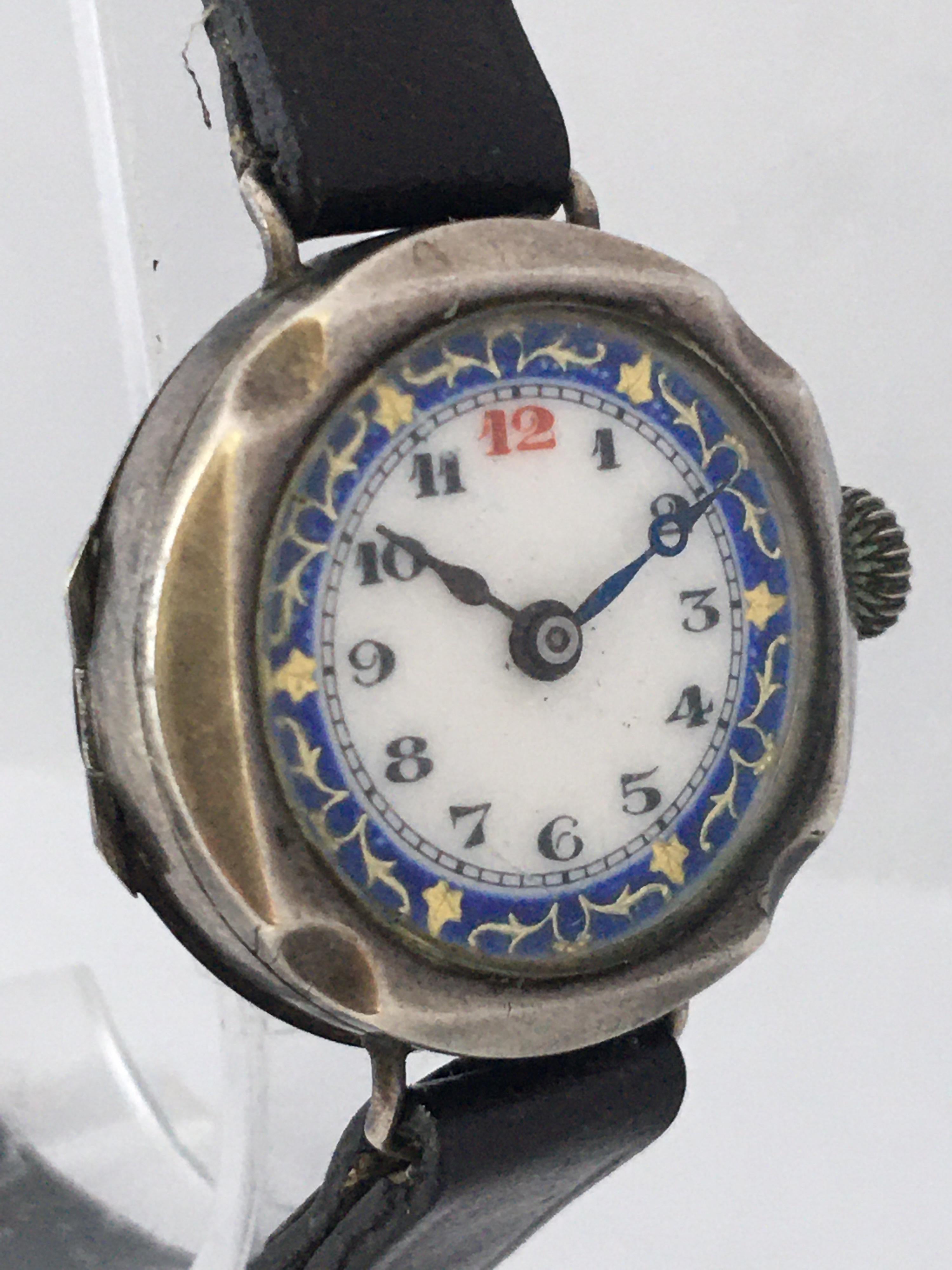 Women's Antique Silver Nicely Inlaid Enamel Dial Ladies Trench Watch For Sale