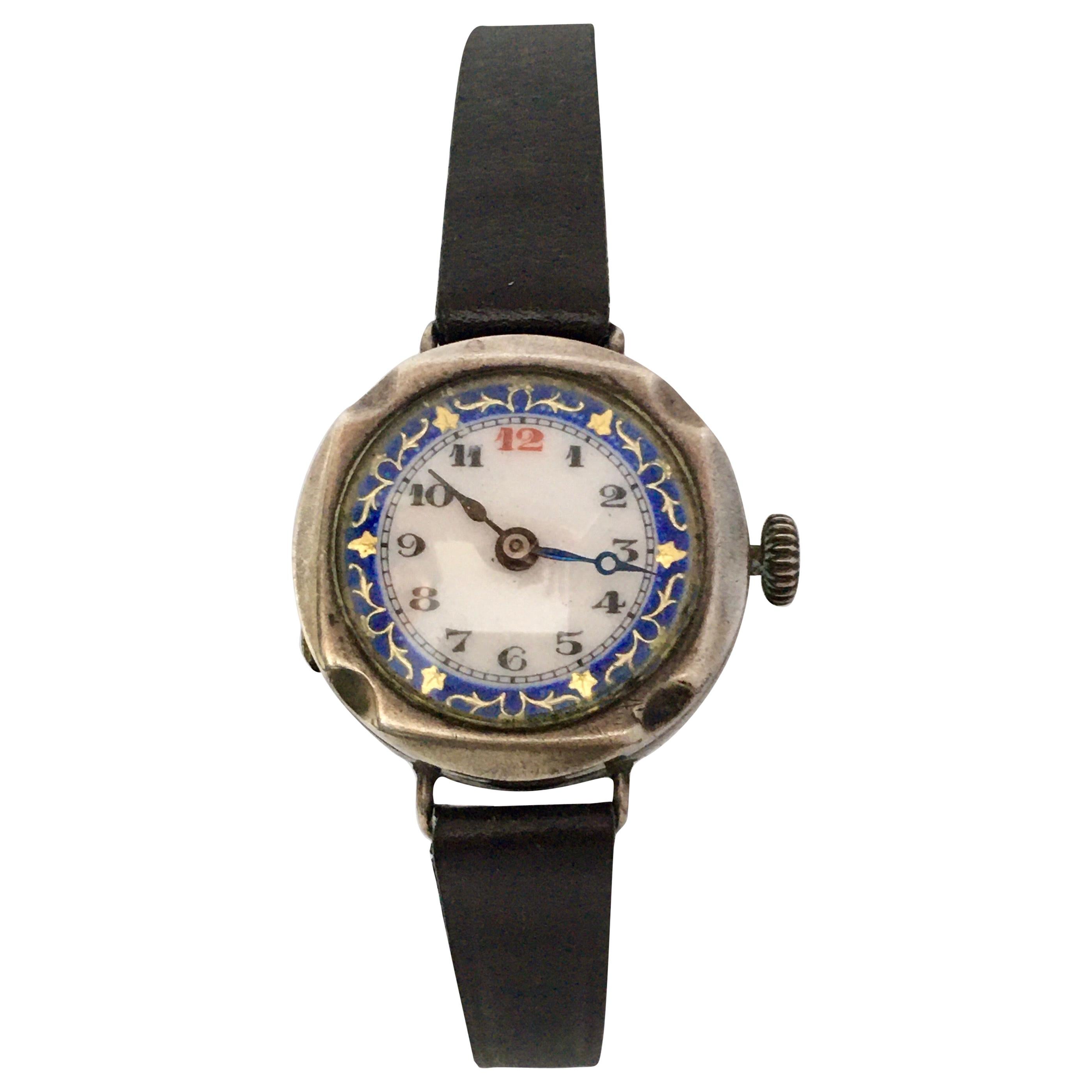 Antique Silver Nicely Inlaid Enamel Dial Ladies Trench Watch For Sale
