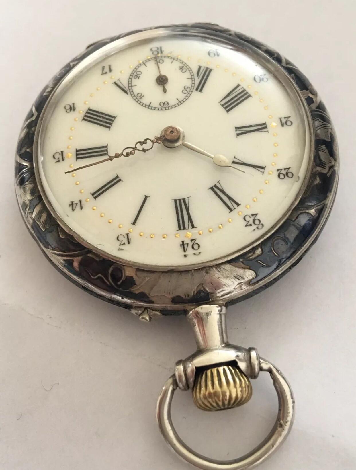Women's or Men's Antique Silver Niello Engraved Cased Pocket Watch For Sale