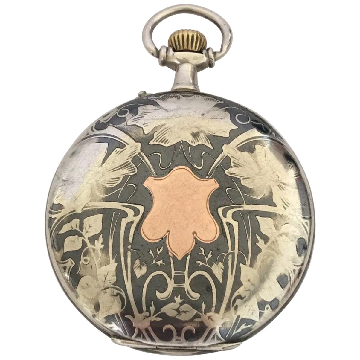Antique Silver Niello Engraved Cased Pocket Watch For Sale