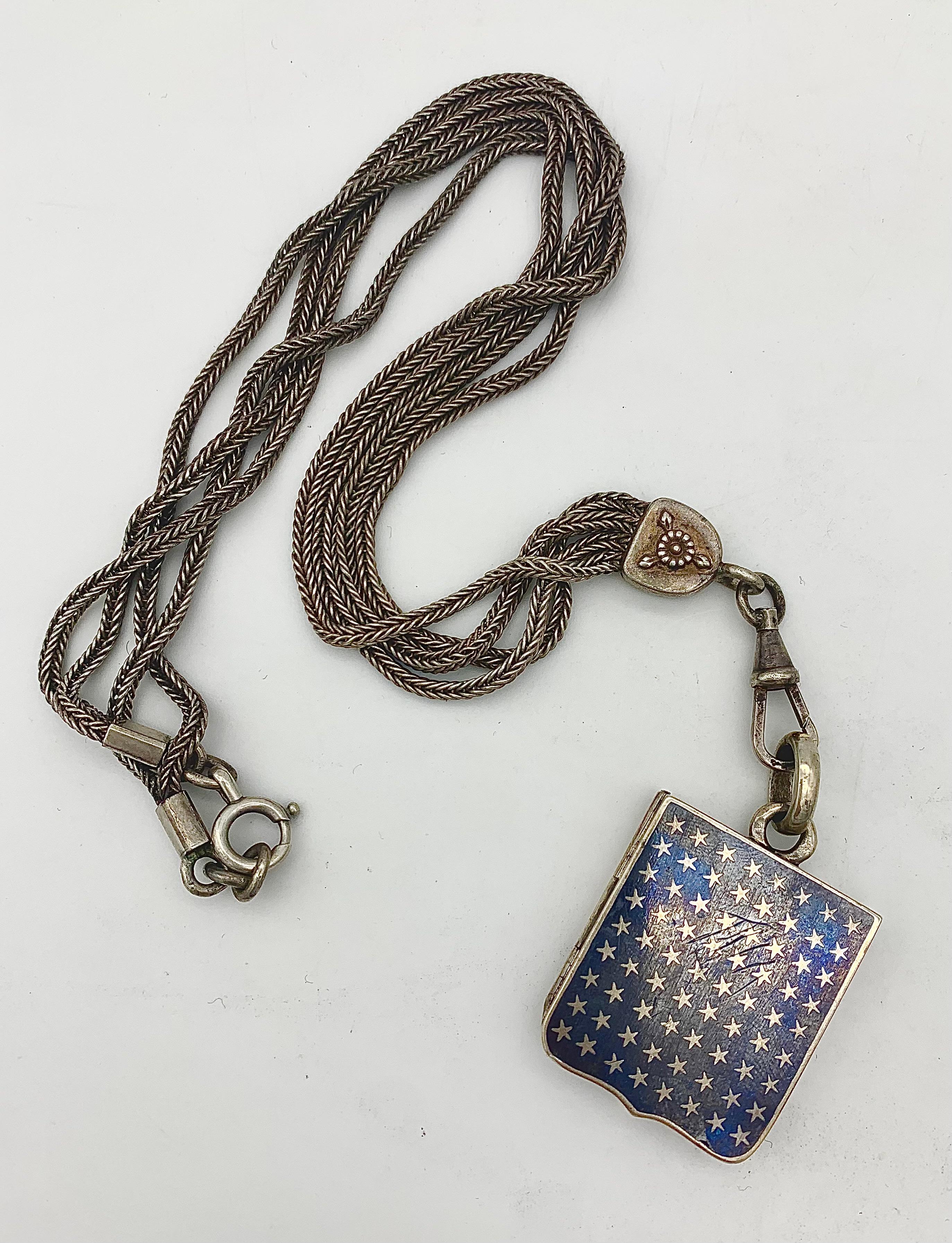 Antique Silver Niello Locket Pendant Necklace Stars Initials A W In Good Condition For Sale In Munich, Bavaria