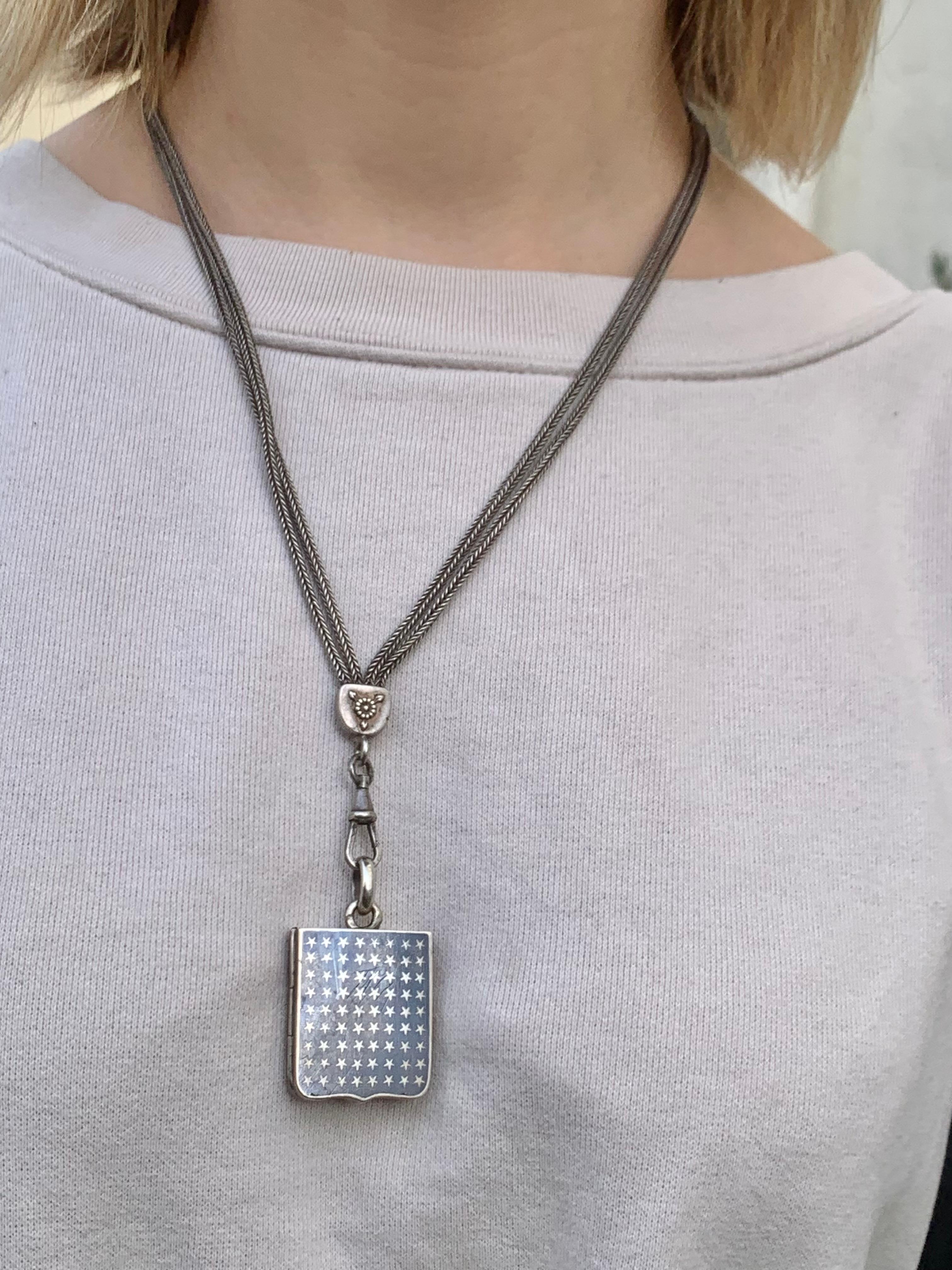 Women's Antique Silver Niello Locket Pendant Necklace Stars Initials A W For Sale