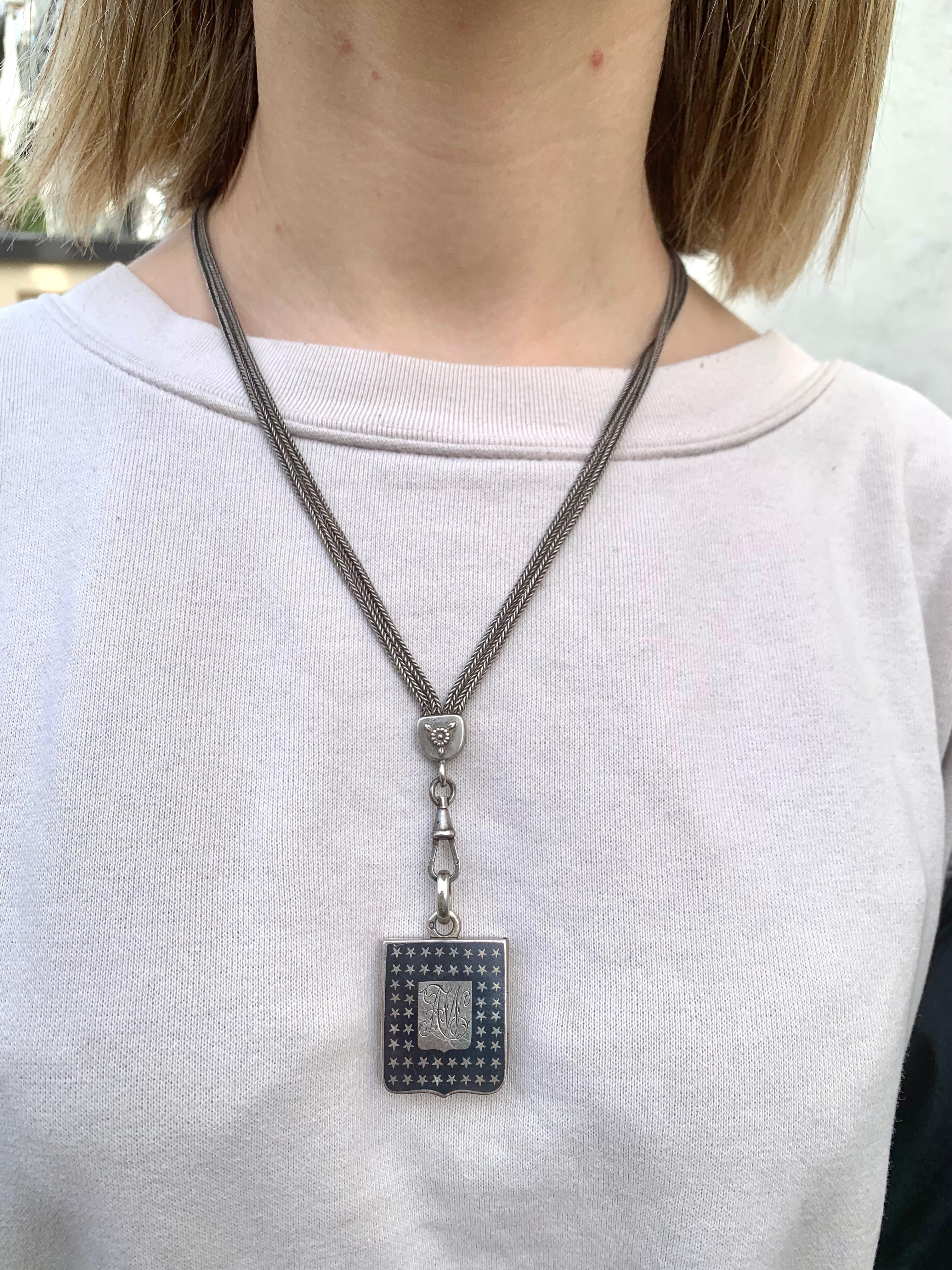 Antique Silver Niello Locket Pendant Necklace Stars Initials A W For Sale 3