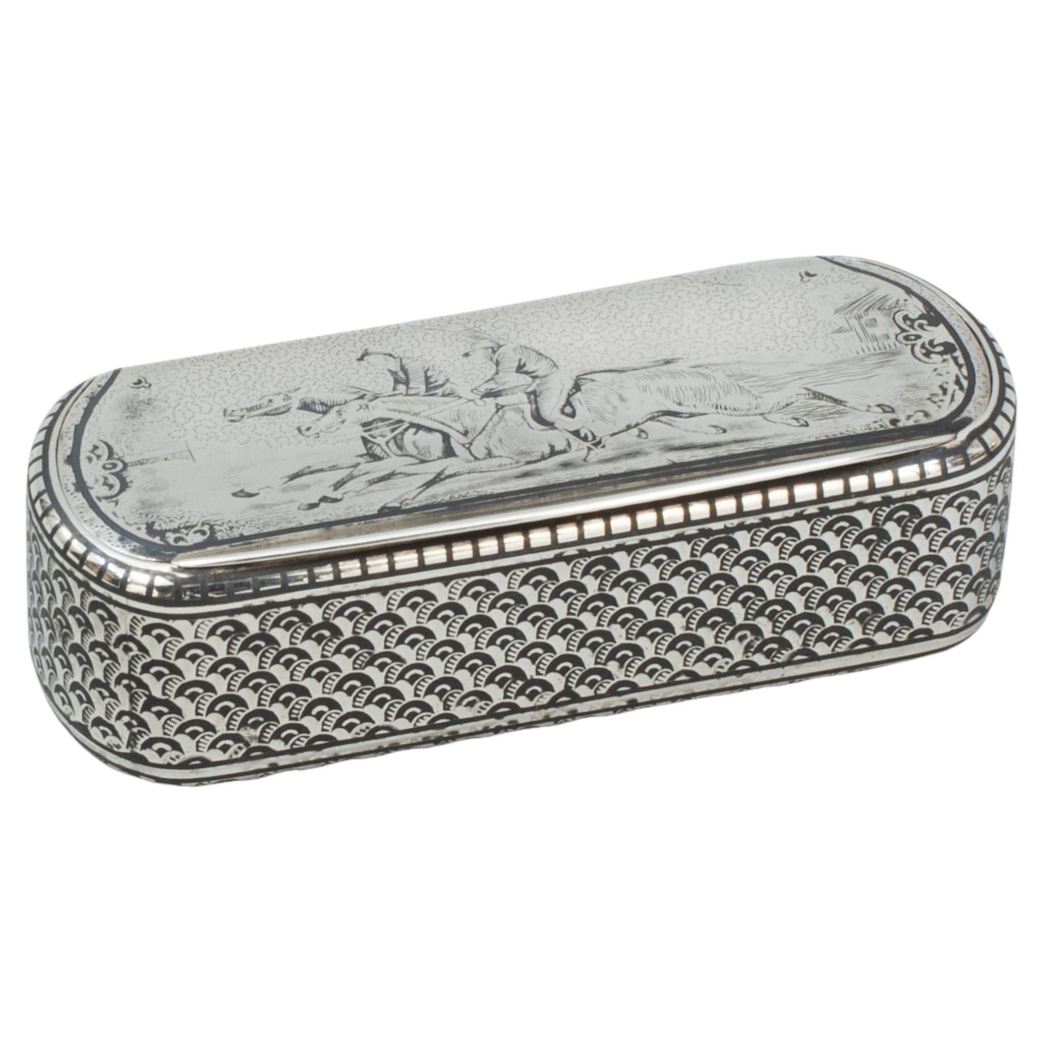Antique Silver Niello Snuffbox With Racing Scene On The Lid