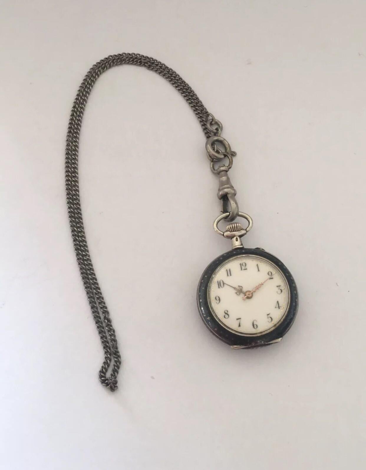 Antique Silver Niello Stem-Wind Pocket/ Fob Watch with Chain For Sale 5