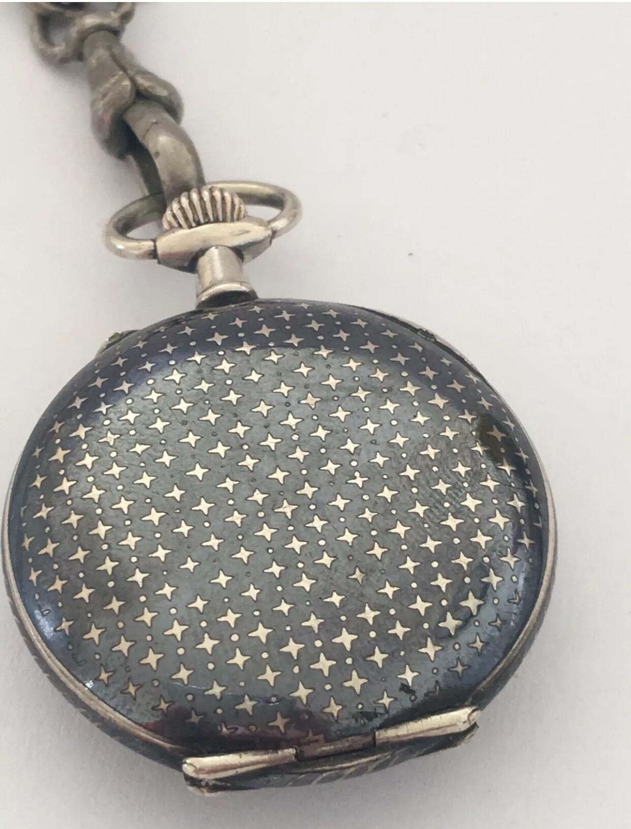 Antique Silver Niello Stem-Wind Pocket/ Fob Watch with Chain For Sale 5