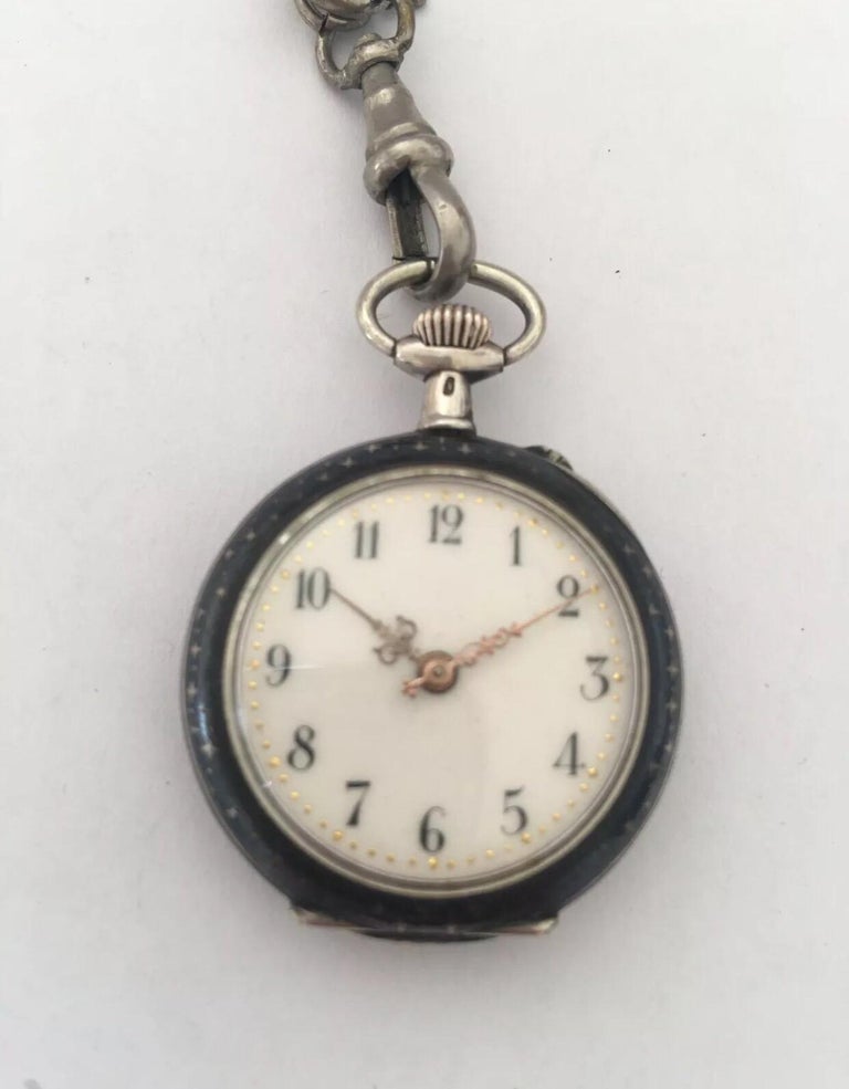 Antique Silver Niello StemWind Pocket/ Fob Watch with Chain For Sale