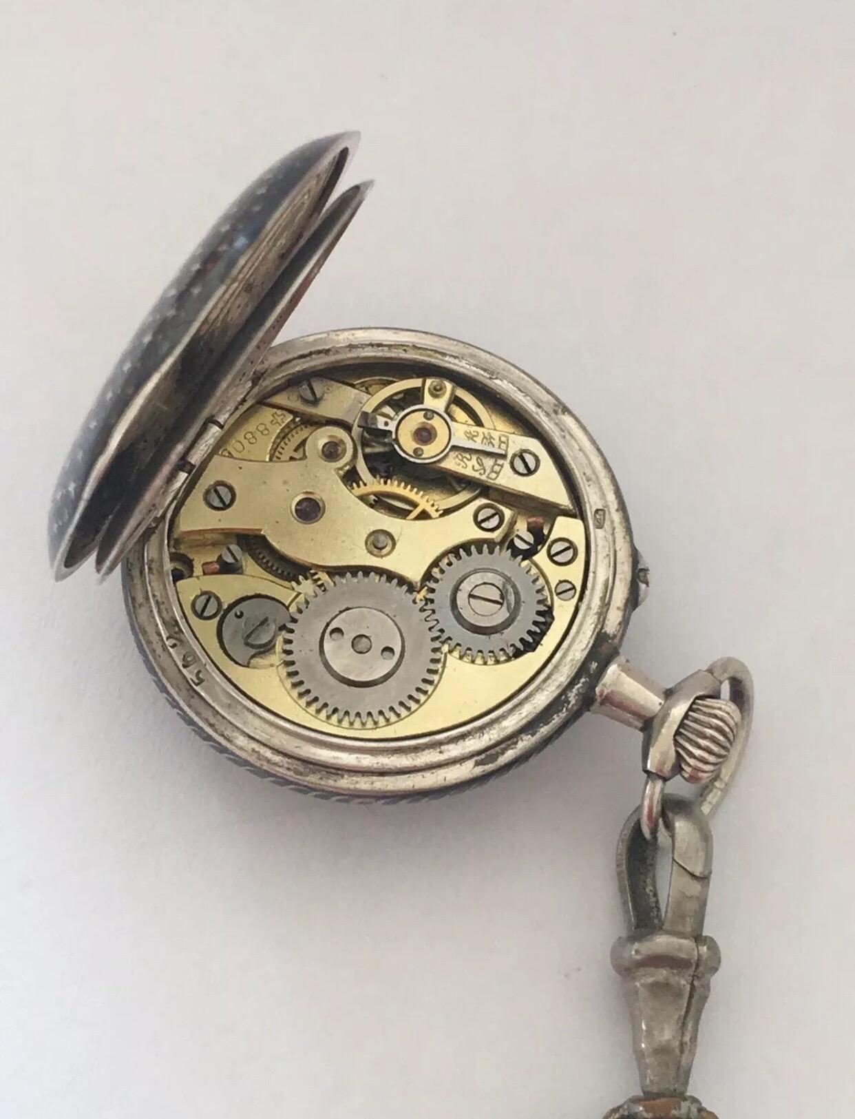 Women's or Men's Antique Silver Niello Stem-Wind Pocket/ Fob Watch with Chain For Sale