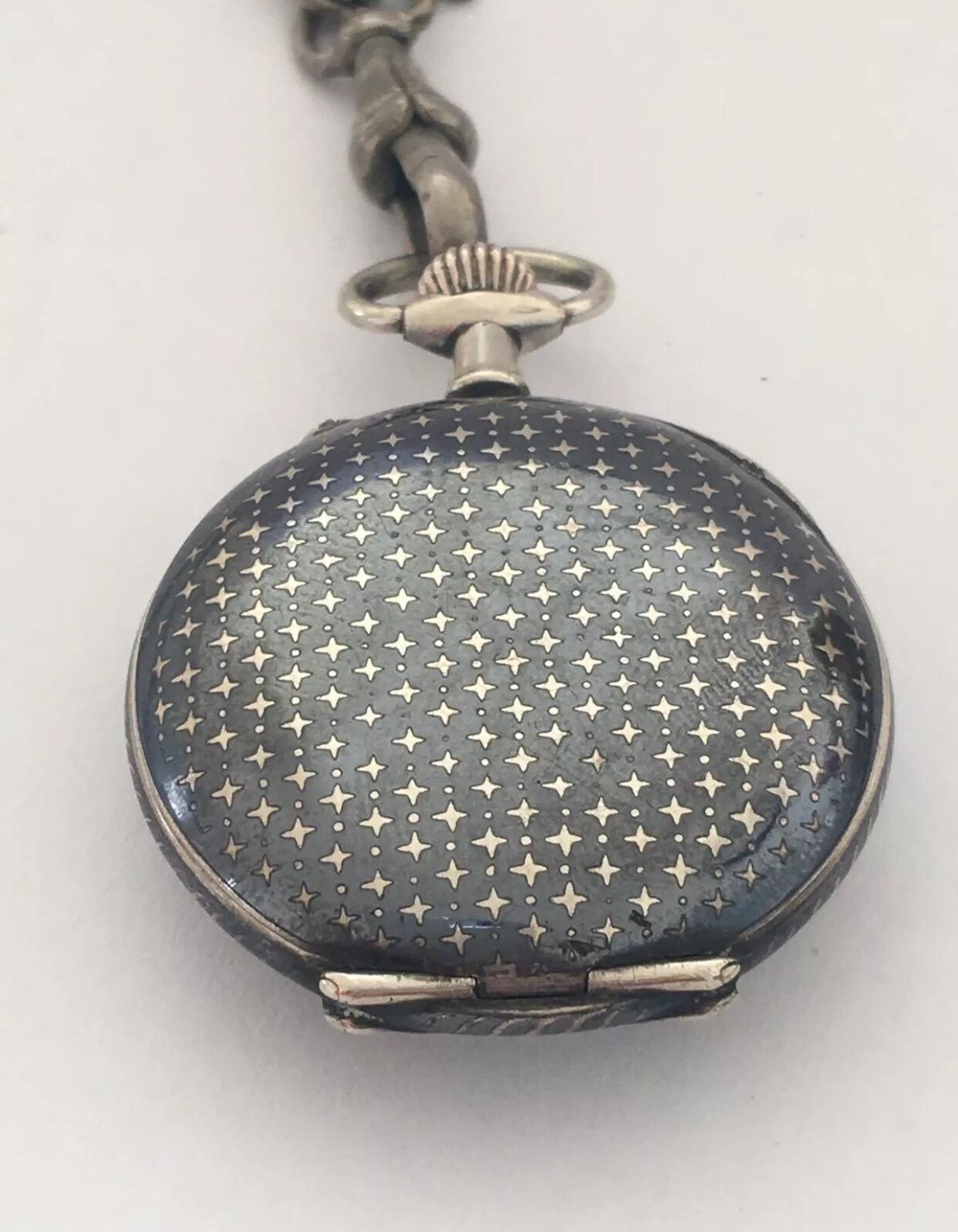 Antique Silver Niello Stem-Wind Pocket/ Fob Watch with Chain For Sale 2