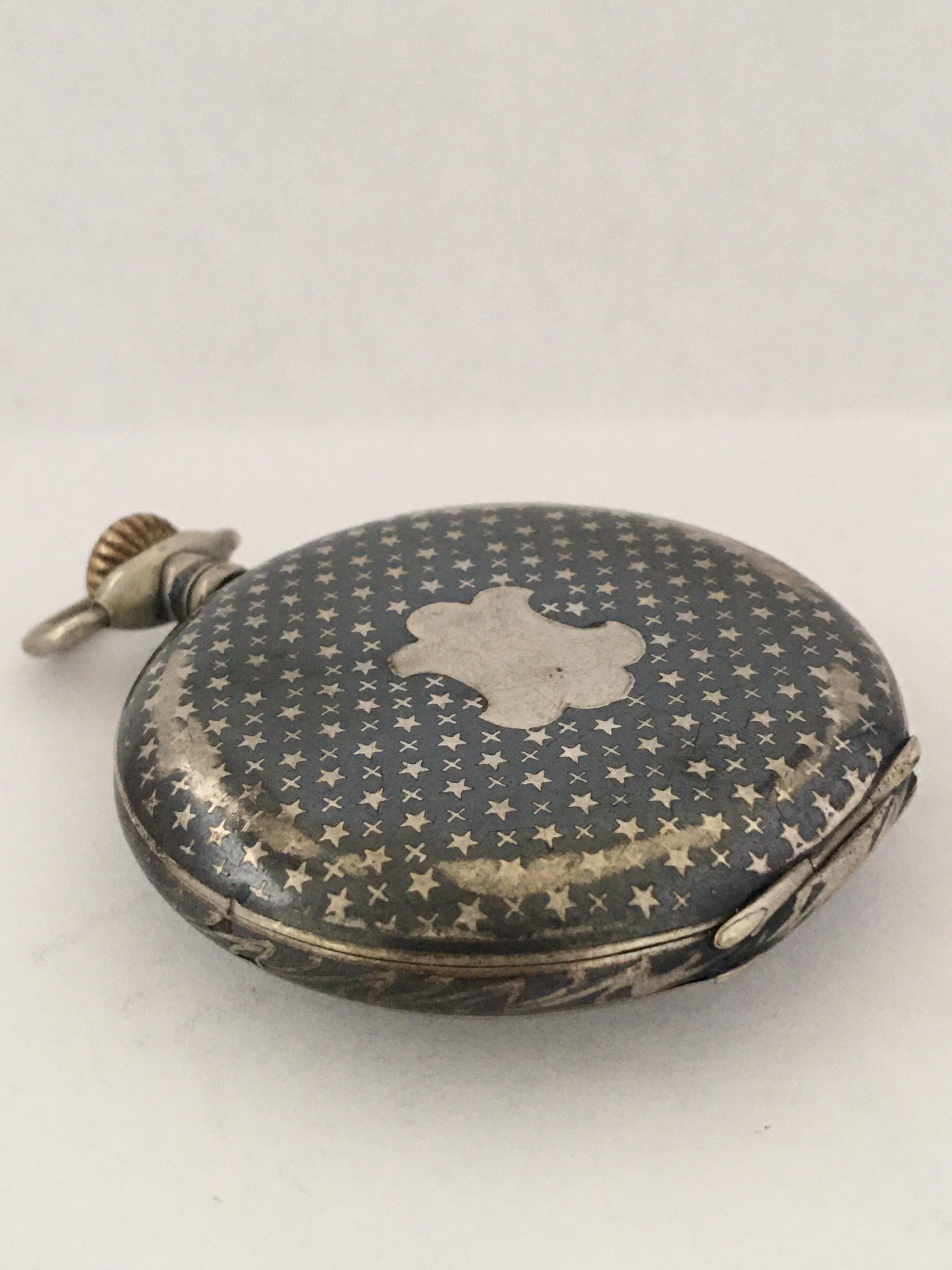 Antique Silver Niello Stem-Wind Pocket Watch For Sale 6