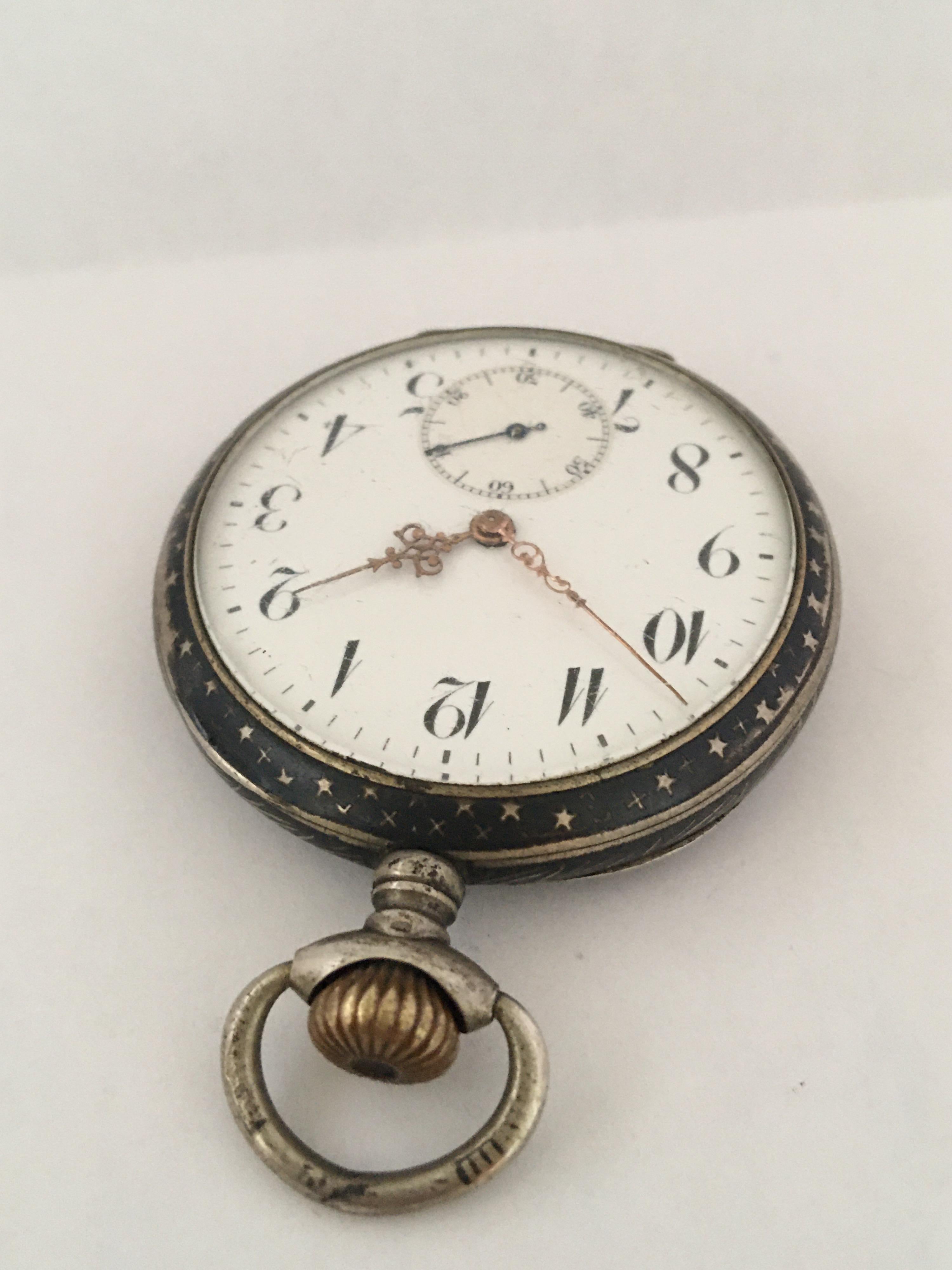 Antique Silver Niello Stem-Wind Pocket Watch In Good Condition For Sale In Carlisle, GB
