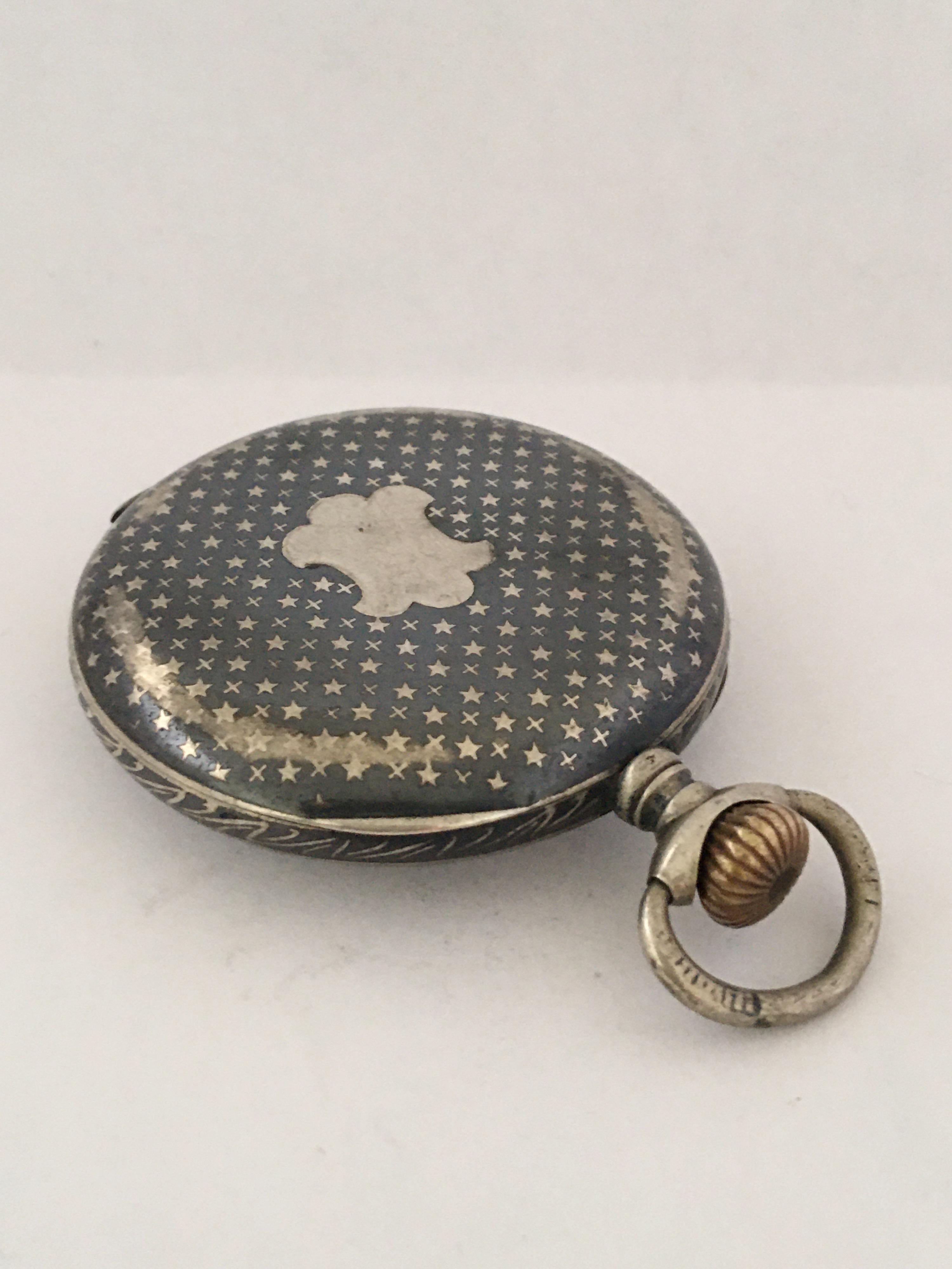 Women's or Men's Antique Silver Niello Stem-Wind Pocket Watch For Sale