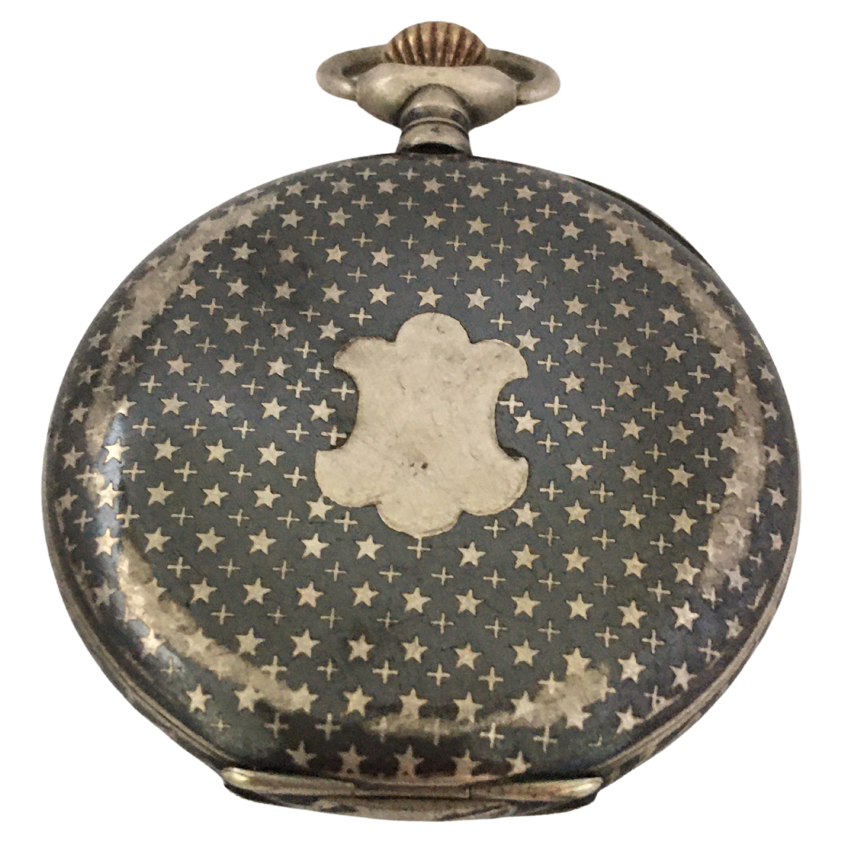 Antique Silver Niello Stem-Wind Pocket Watch For Sale