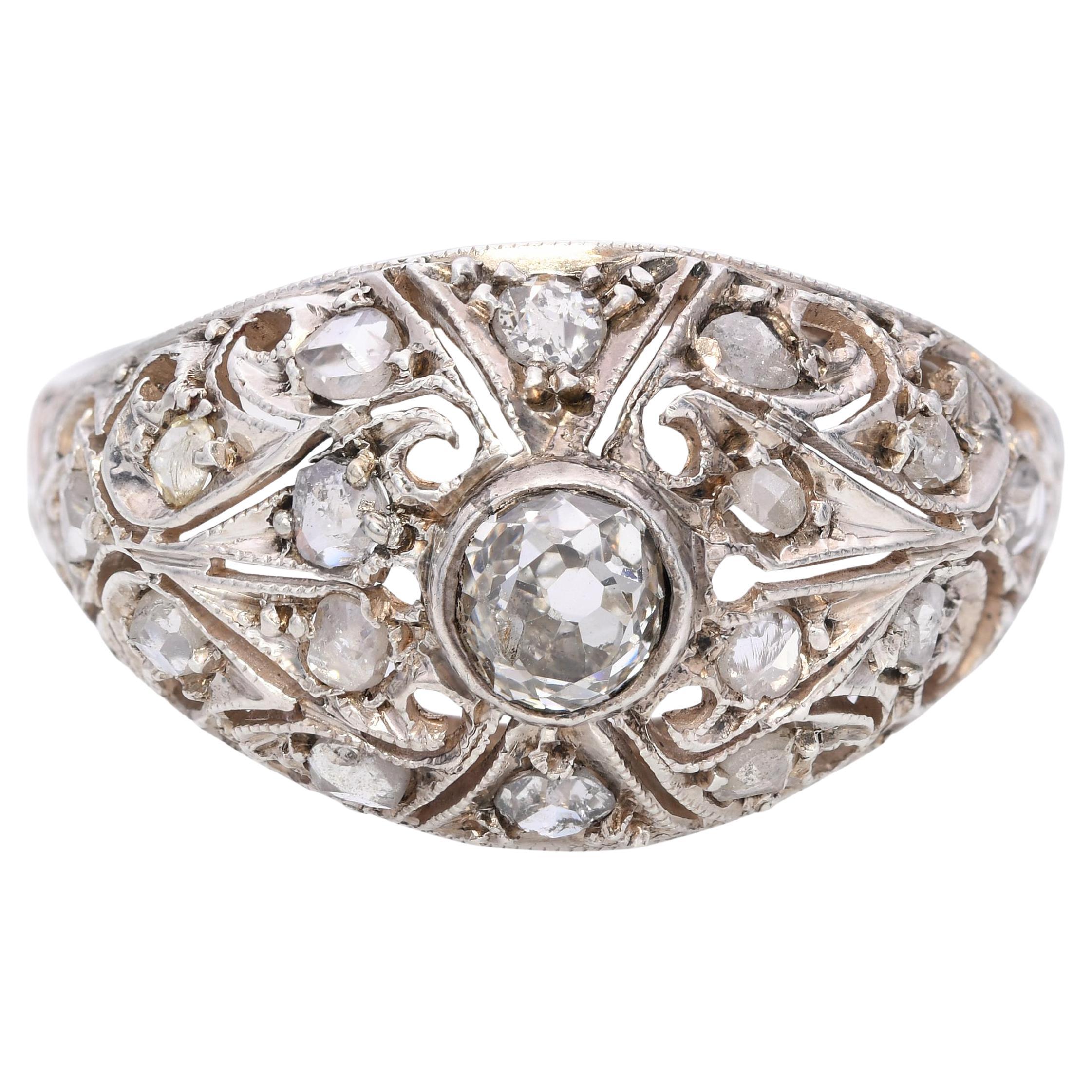 Anello in argento antico, europeo e con diamanti taglio rosa in filigrana