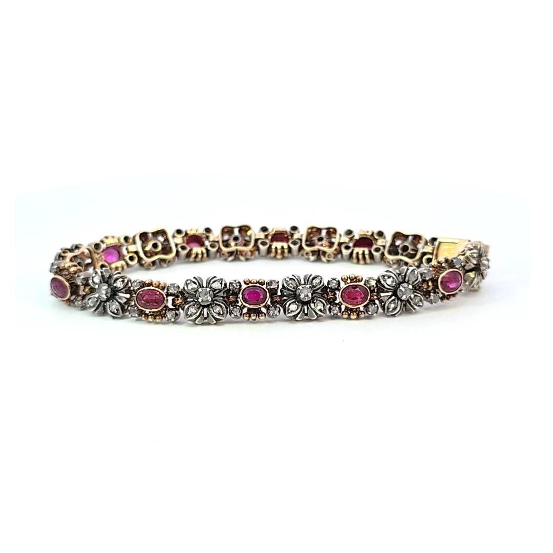 Antikes Armband aus Silber auf Gold mit Rubin und Diamanten, Mitte des Jahrhunderts, Portugal (Ovalschliff)