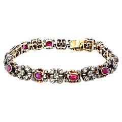 Antique Silver on Gold Ruby Diamond Bracelet, Mid Century, Portugal