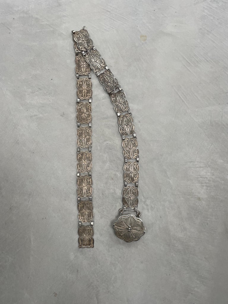 Antique Silver Open Work Filigree Paneled Belt For Sale at  display picture 3